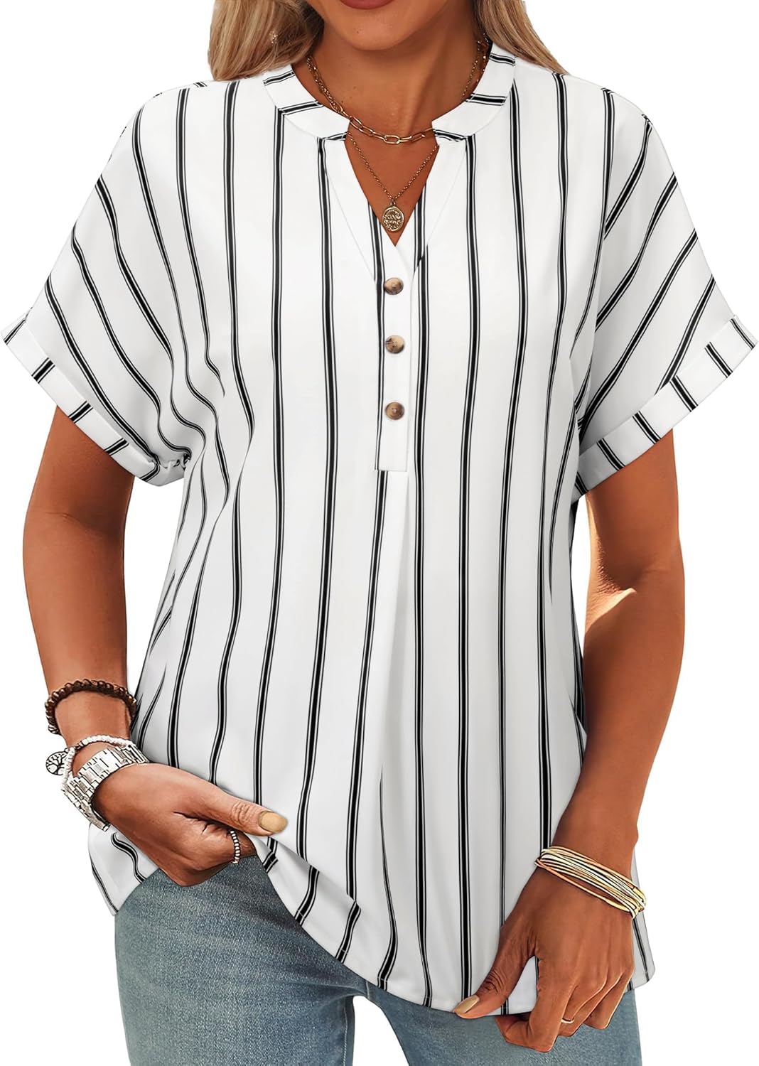 Striped Shirt Women Henley V Neck Button Up Shirt Cap Short Sleeve Blouses Business Dressy Casual Clothes - Image 7