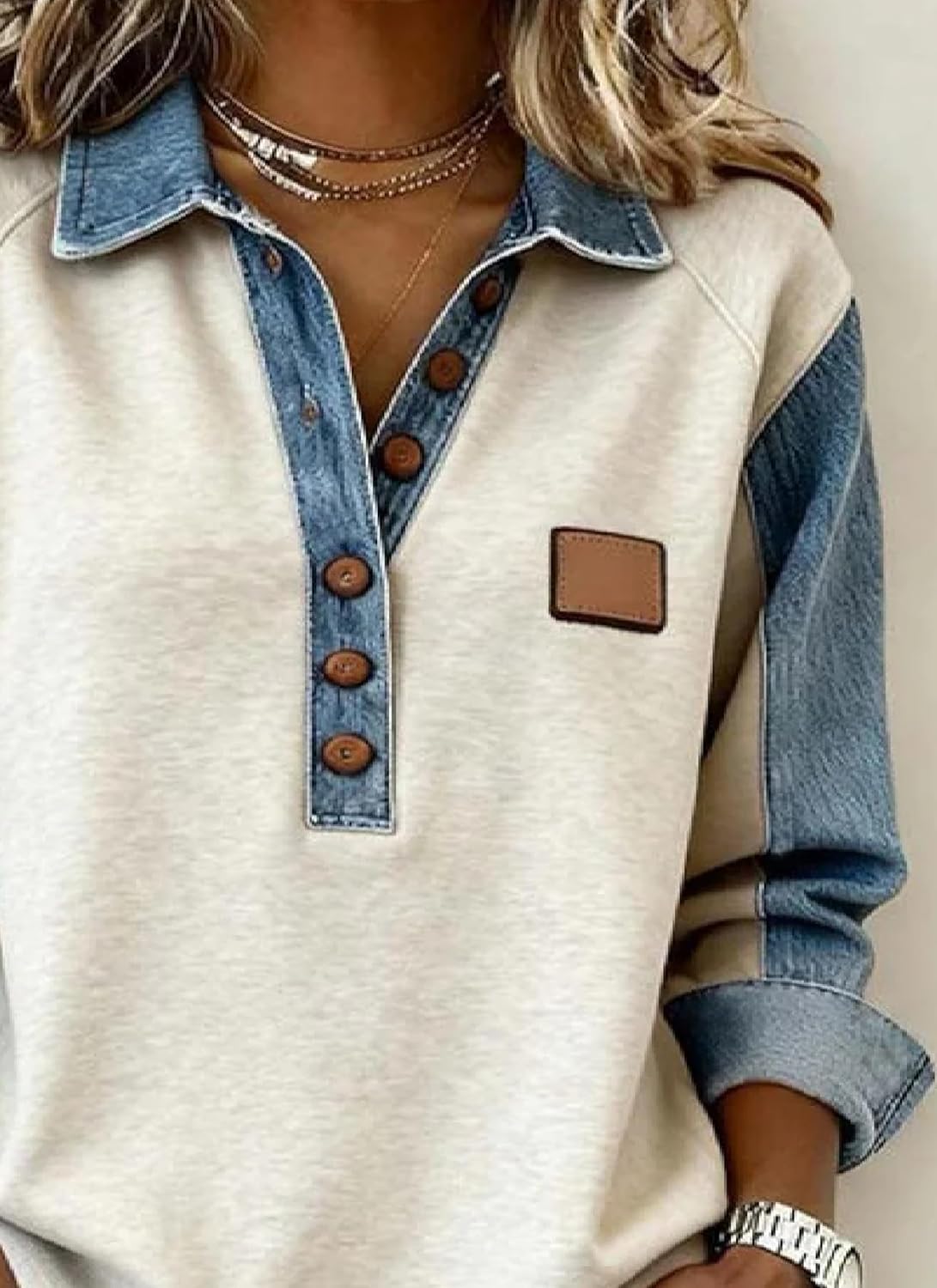 CZLFDFZ Women's Denim Contrast Button Down Shirt Long Sleeve Polo Collar Casual Button Down Top 2025 Fall Winter Tees - Image 4
