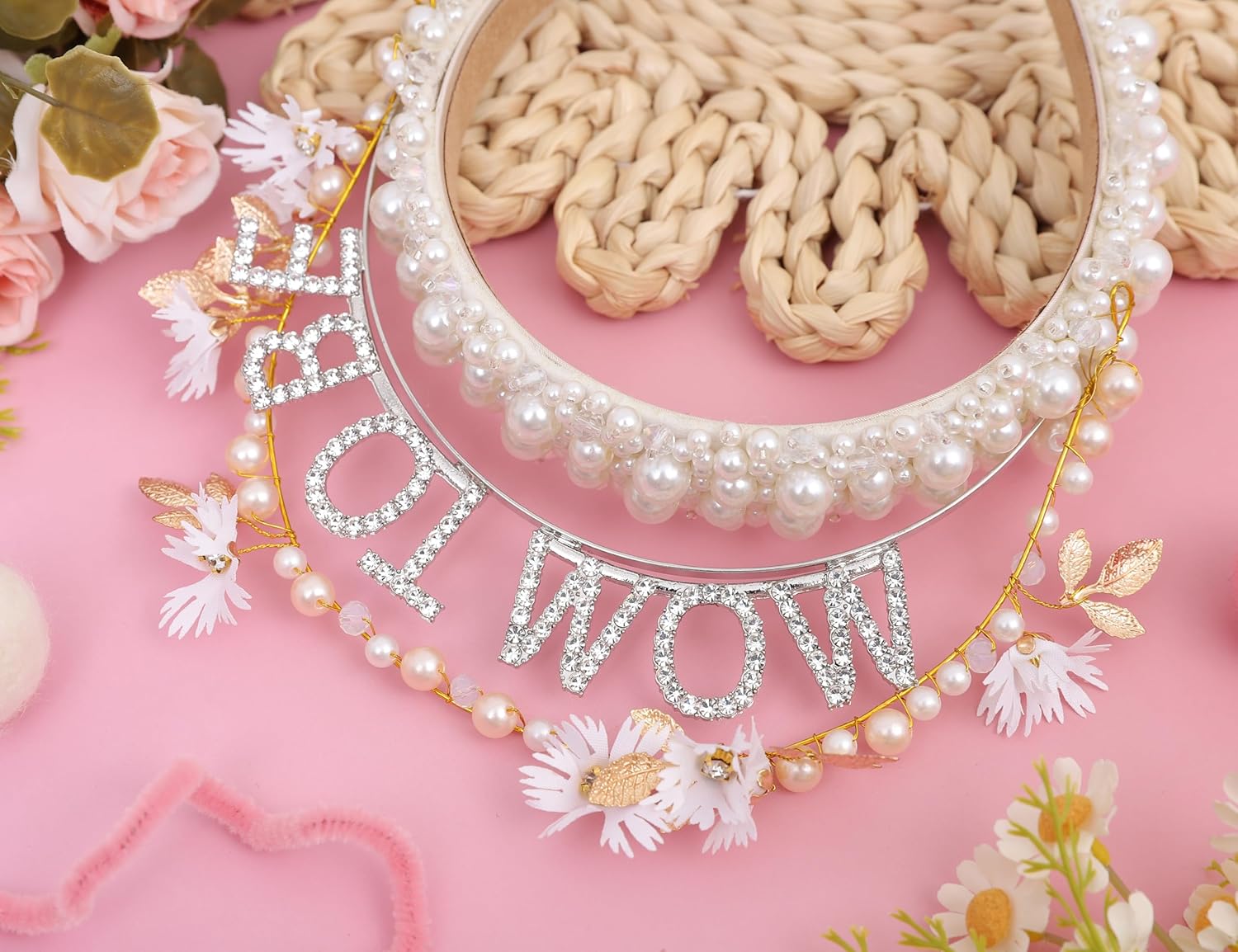 YOUAME Pearl Embellished Baby Shower Mom to be Headband - Handmade Mummy To Be Headpiece, Baby Shower Mother Head Accessory Pearl Head Tiara