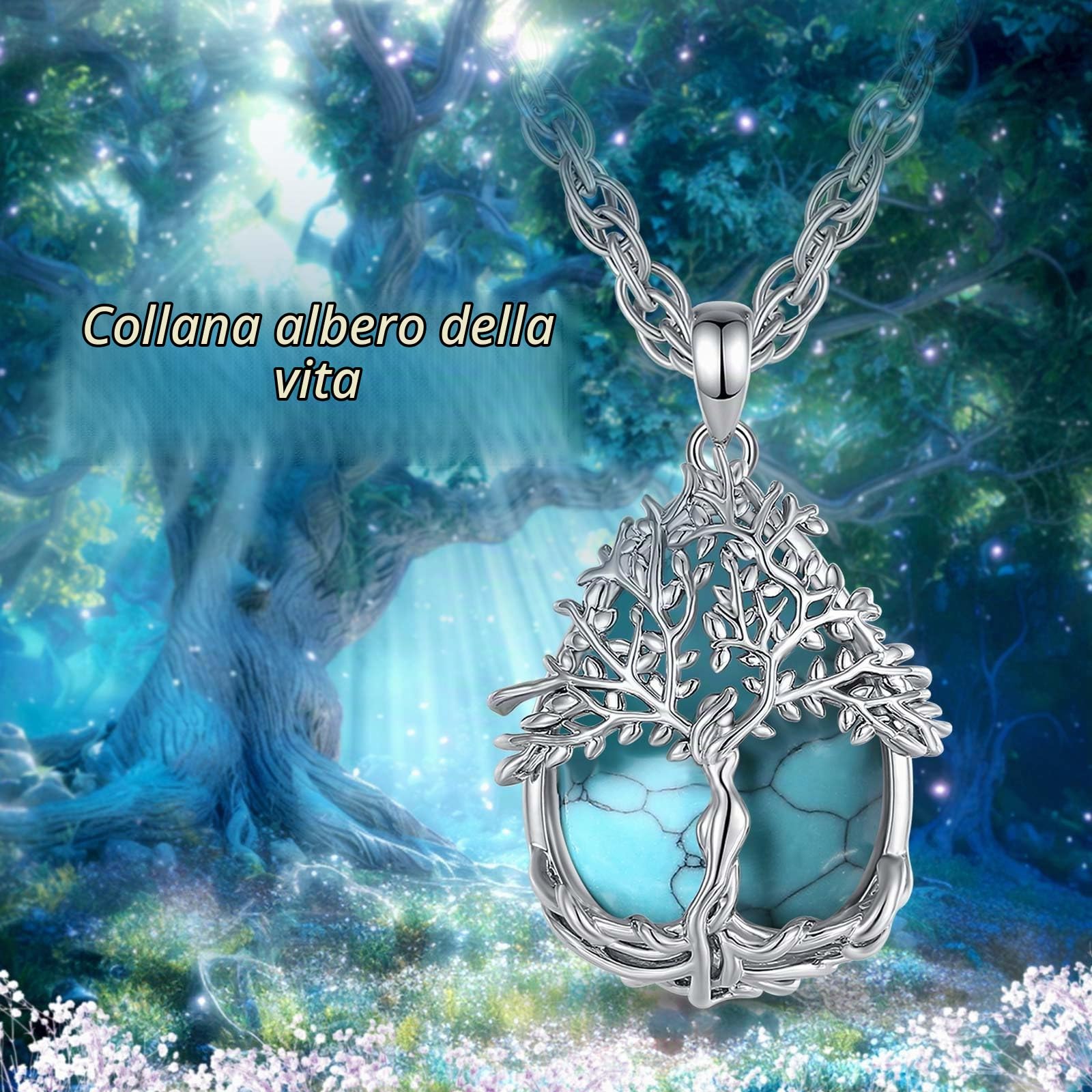 AEONSLOVE Collana Albero della Vita Donna con Cristallo, Ciondolo Albero della Vita con Pietra di Luna Ossidiana Collana Ametista Turchese Malachite Gioielli Pietre e Cristalli