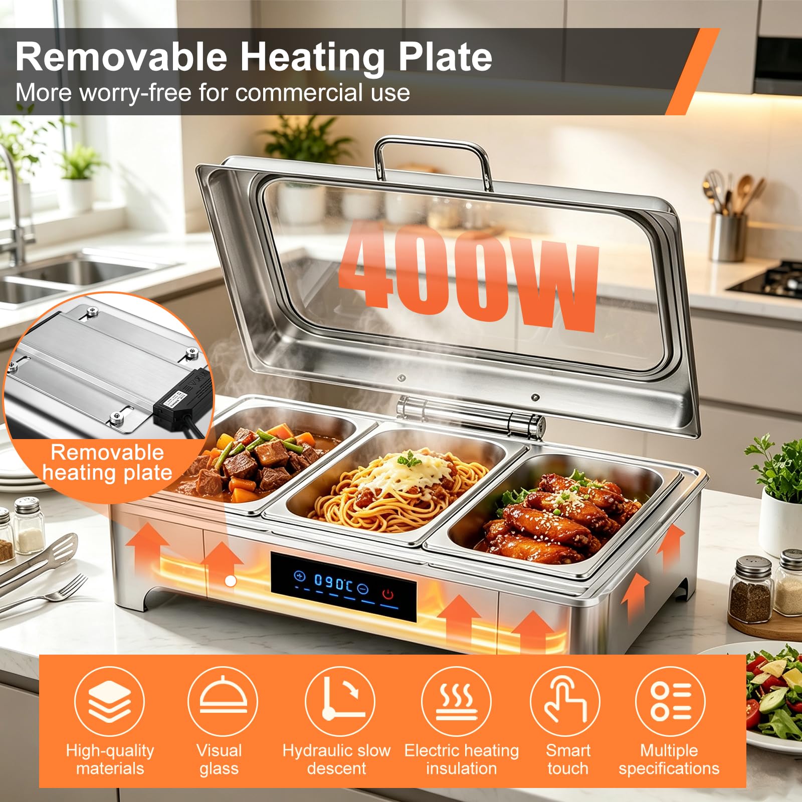9L Calentador Buffet Electrico, Temperatura Ajustable 30-90℃, 1/1 | Chafing Dish Buffet Electrico, Calentador de Comida Buffet Electrico para Buffet, Catering y Fiestas, Acero Inoxidable