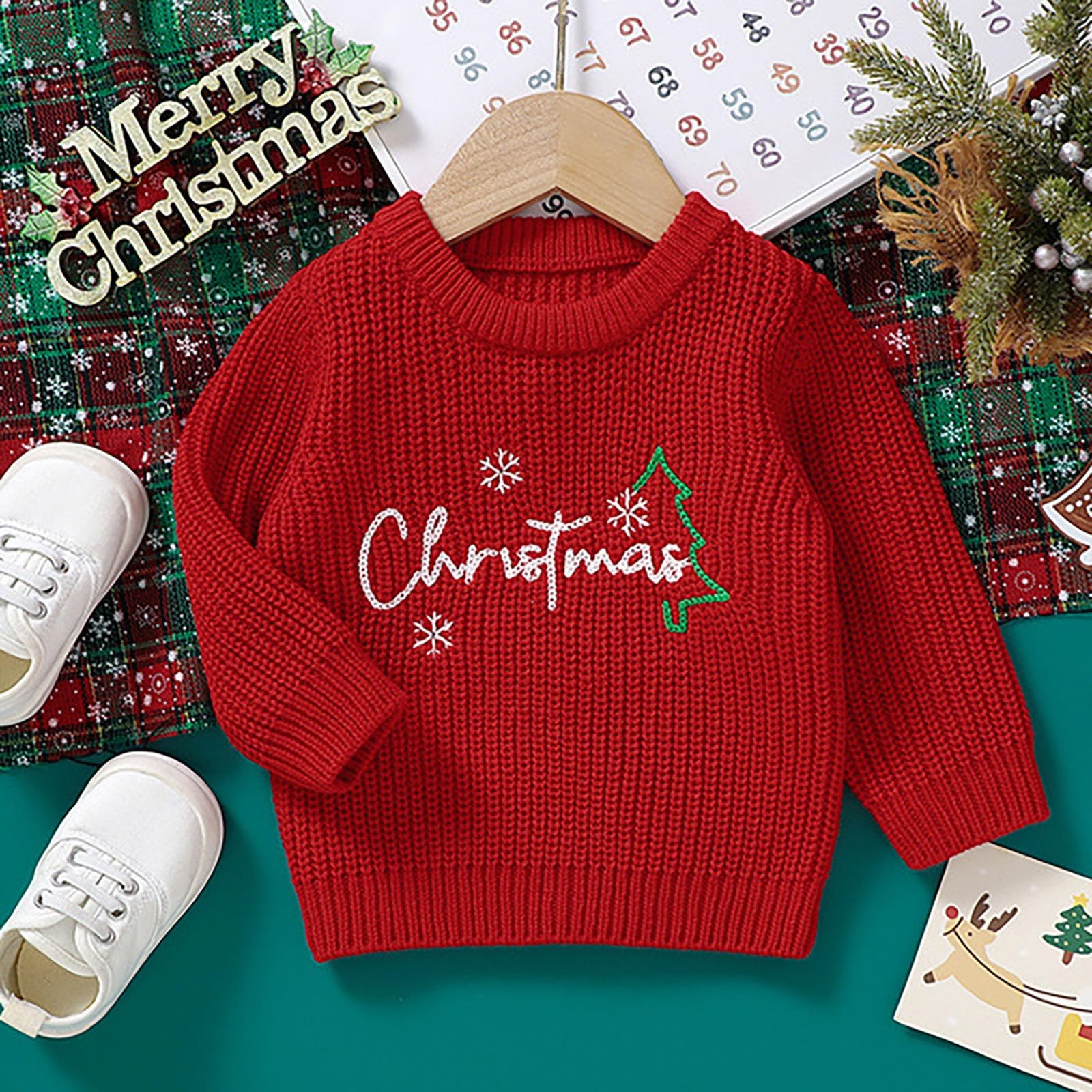 RNTOP Baby Christmas Sweater Pullover Toddler Girls Boys Long Sleeve Crewneck Embroidery Knit (Red, 12-18 Months)
