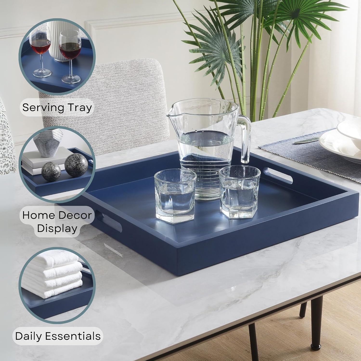 Pemberly Row Square Wood Serving Tray, 16.63 in, Painted Blue Finish, Cut-Out Handles, Reversible Design, Decorative and Functional Tray for Home or Entertaining Use