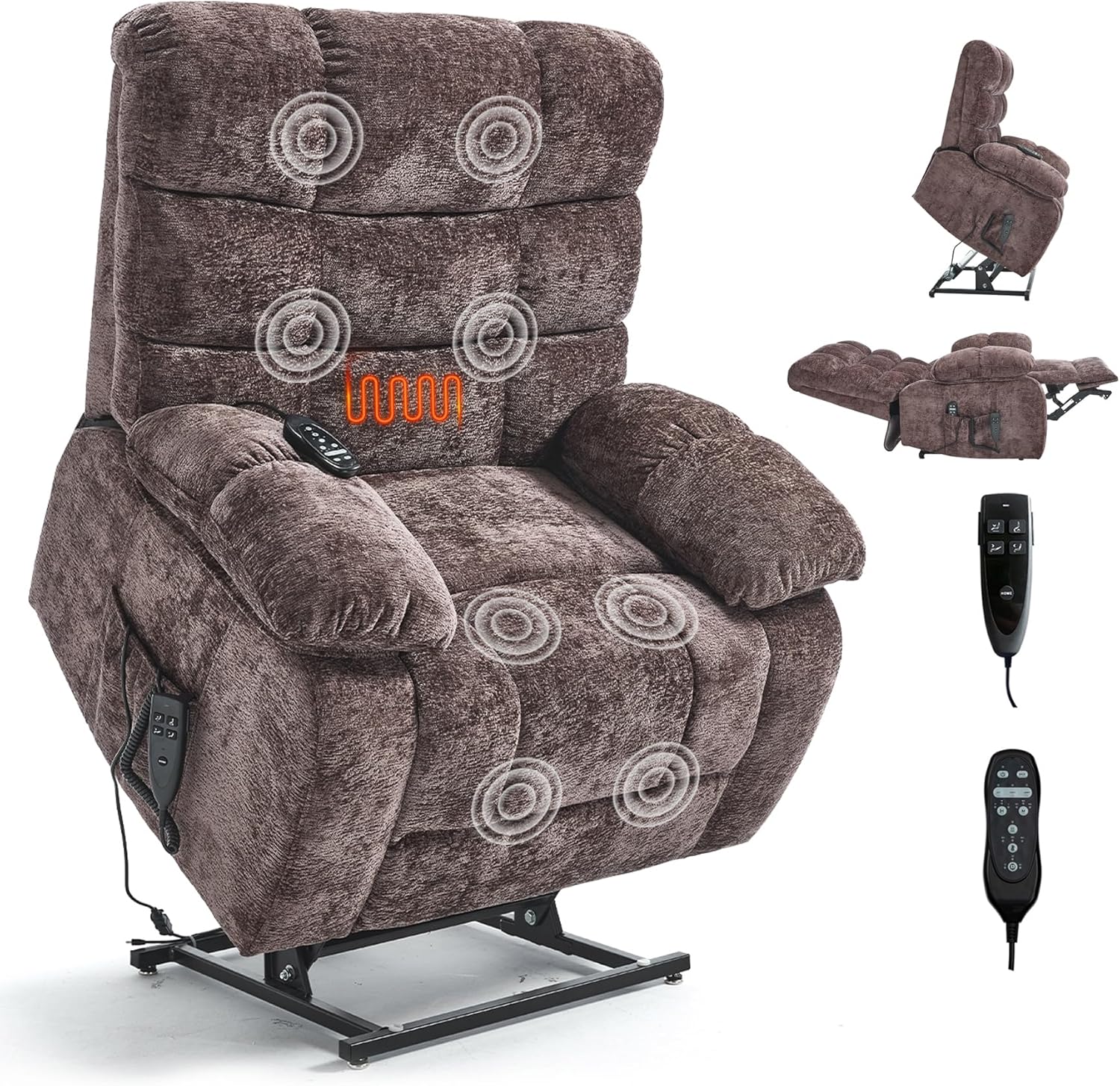 Oversized Power Lift Recliner Chair for Elderly, Dual Motor Lay Flat Recliner Big Chair with Massage and Heating, Chenille Electric Recliner Chairs for Living Room, Medium-Firm, Brown