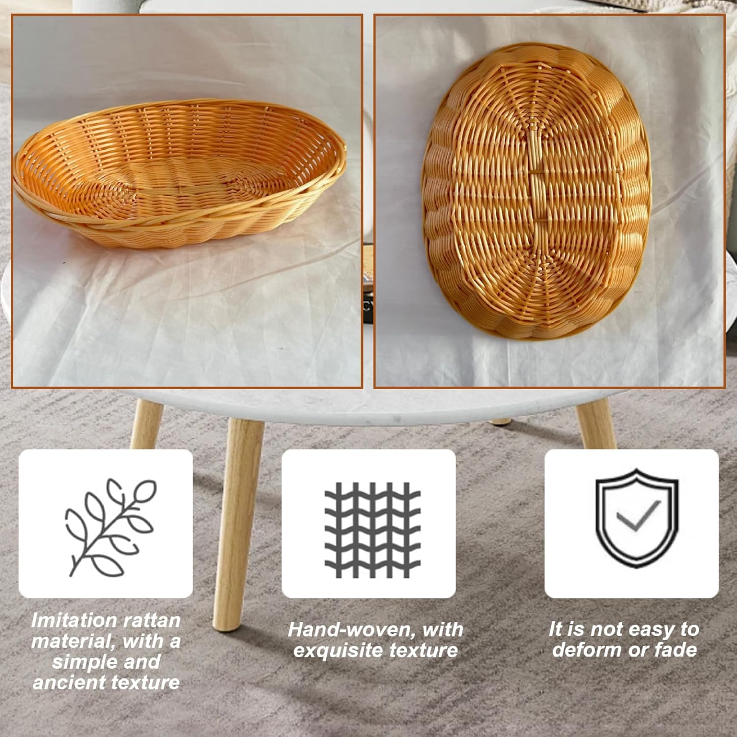 12Pcs Wicker Basket 11x9x3in Plastic Weaving Multipurpose Bread Baskets for Kitchen, Centerpiece Display, Storing Bread, Fruits, Vegetables