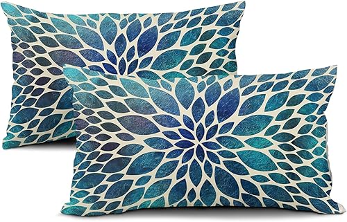 Miniatura 8 de Juego de 2 fundas de almohada de dalia verde azulado primaveral de 12 x 20 pulgadas, fundas de almohada lumbares florales de color azul marino,