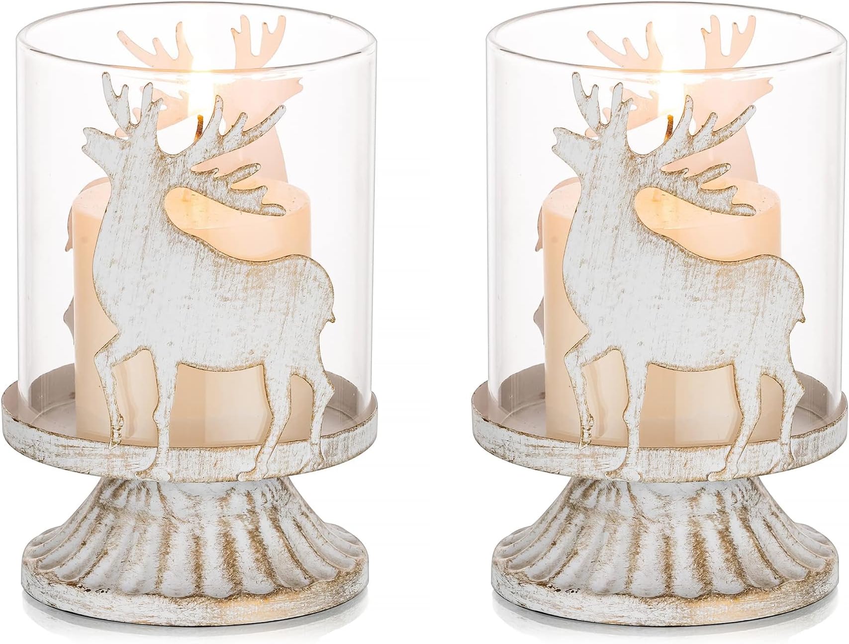 Romadedi Christmas Pillar Candle Holder: Set of 2 Table Decorations Centrepiece Ornaments Vintage Deer Stag Reindeer Decor for xmas Home Fireplace Dinner Advent Gifts Kitchen Shelf Room