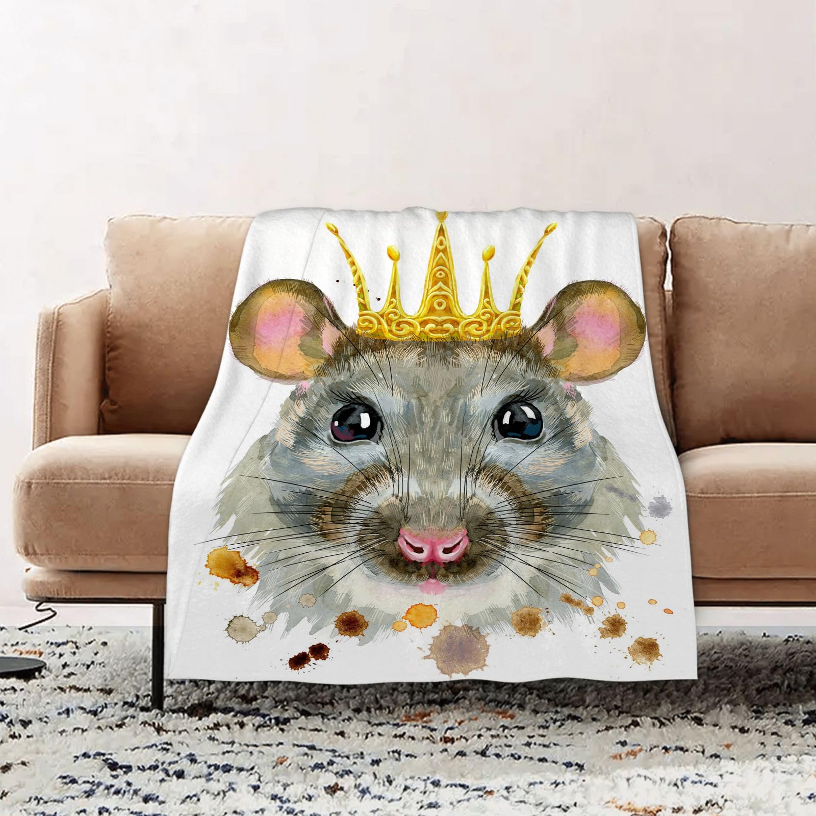 Kuscheldecke Flauschig Decke Fleecedecke Aquarellporträt Einer Ratte mit golden Wohndecke Warm Winter Weich,Decke Couch Blanket,Wohn- & Kuscheldecken 150 x 130 cm,Sofa überwurfdecke