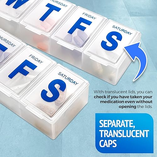 Miniatura 5 de Organizador semanal de píldoras, pastillas, medicamentos, caja organizadora de vitaminas, semanal, contenedor diario con letras fáciles de leer, sin