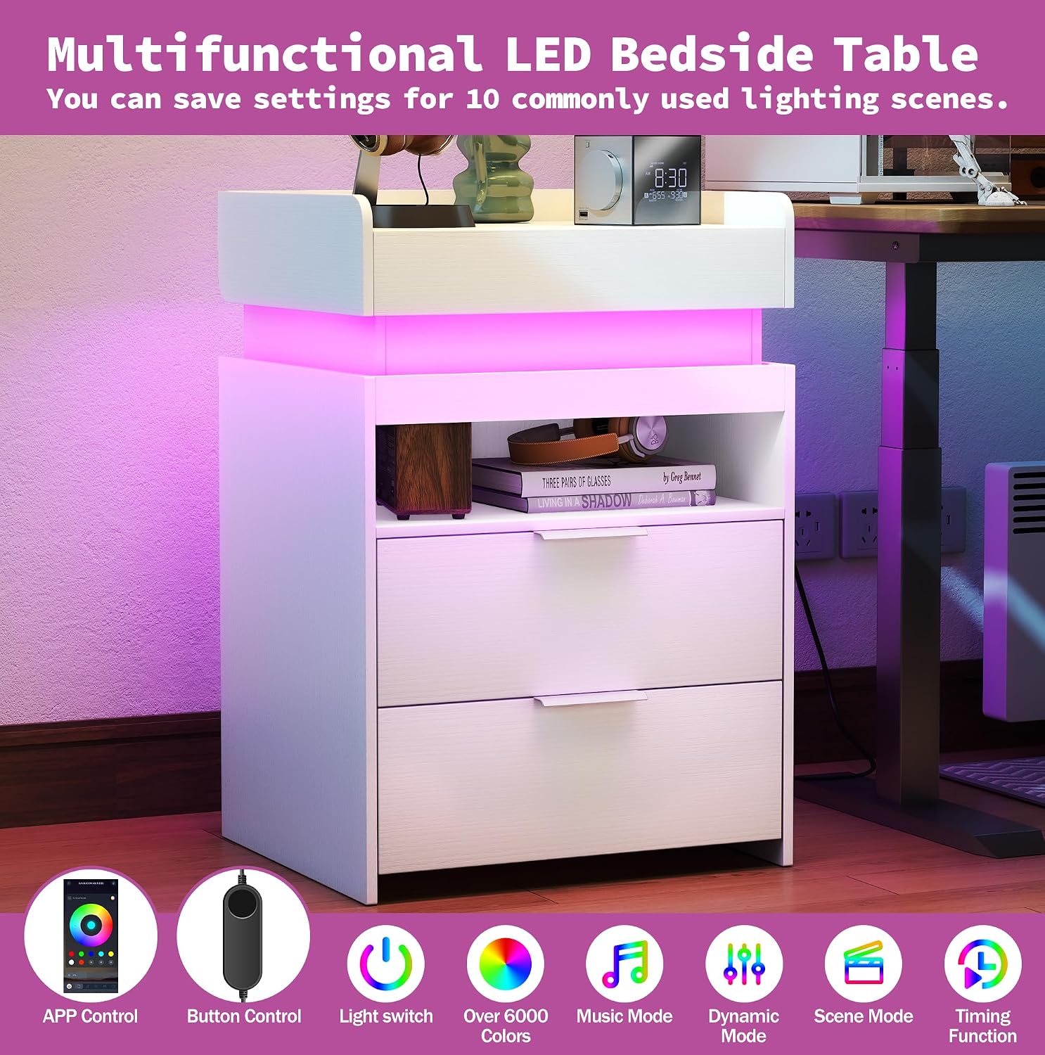Baoz Modern Nightstand with Charging Station & LED Lights for Bedroom,White image 5