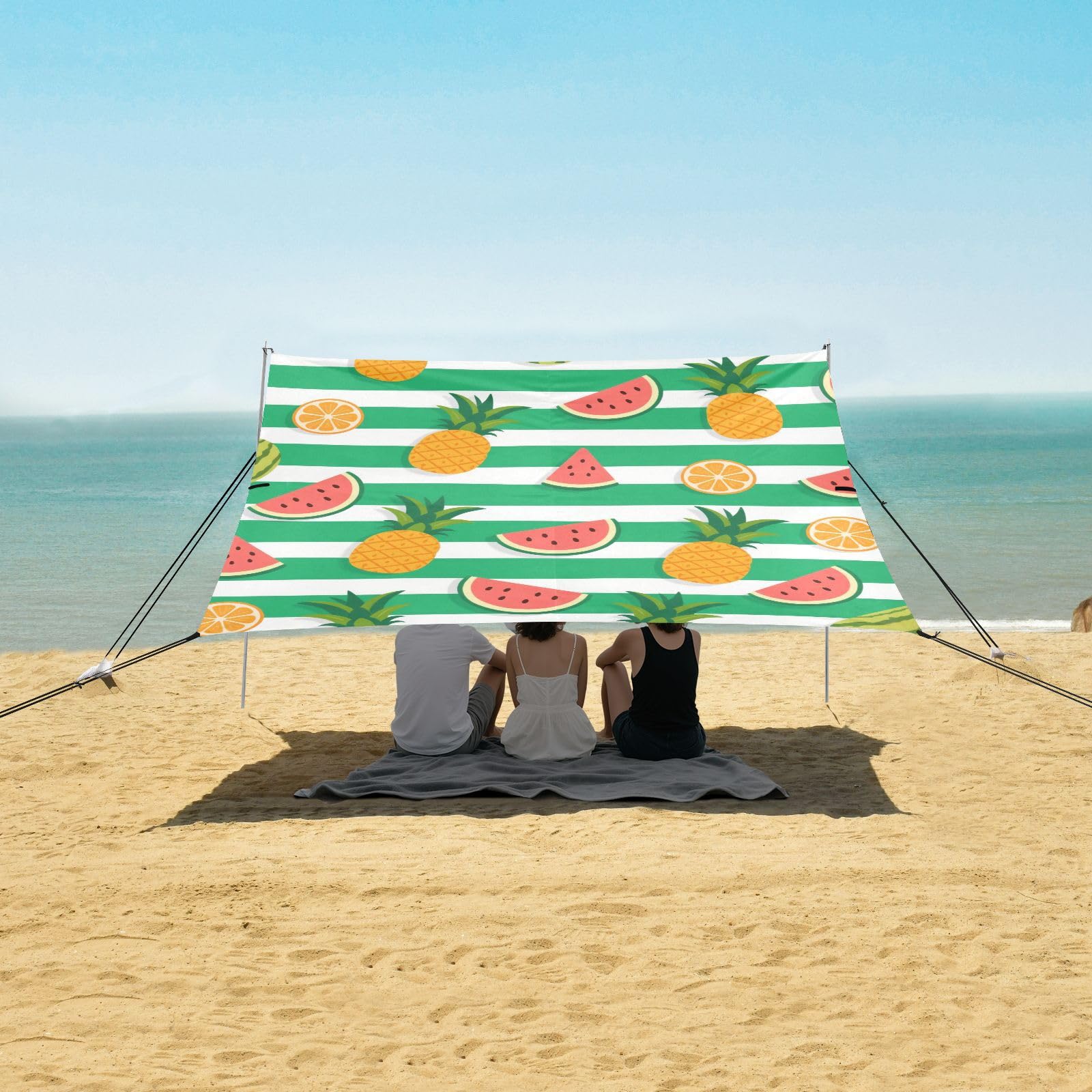 Zielony biały w paski letni owoc stabilny namiot plażowy UPF50+ wodoodporny duży parasol przeciwsłoneczny z workami z piaskiem i łopatą do podróży rodzinnej