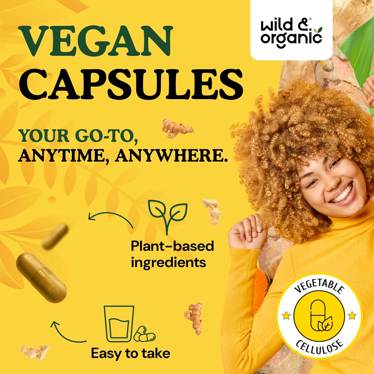 Wild & Organic Turmeric and Ginger Supplement Capsules - Mobility & Immune Support - Turmeric with Ginger and Black Pepper Capsules - 90 Days of Supply - Vegan, No Fillers, Non-GMO - 180 Count - Image 4