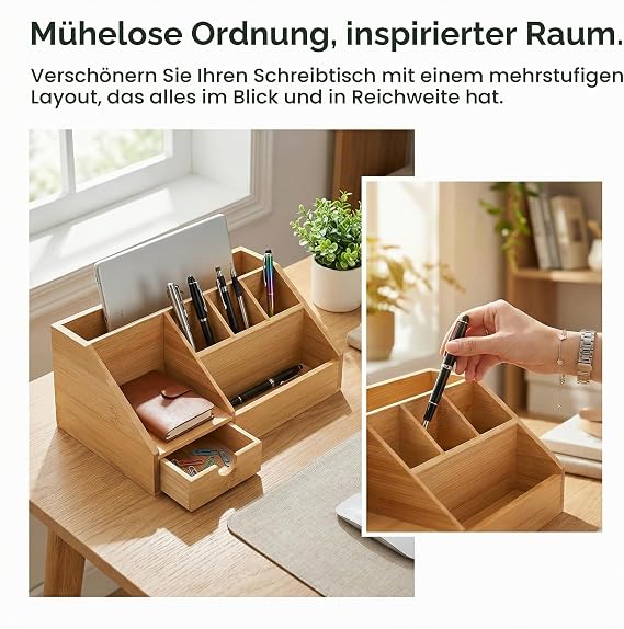 Schreibtisch Organizer Bambus mit Schublade Fächern Schreibtischorganisator Holz Braun für Stifte Notizen Stiftehalter Schreibtischbox für Büro Home Office Aufbewahrung – 24.5x15x11 cm