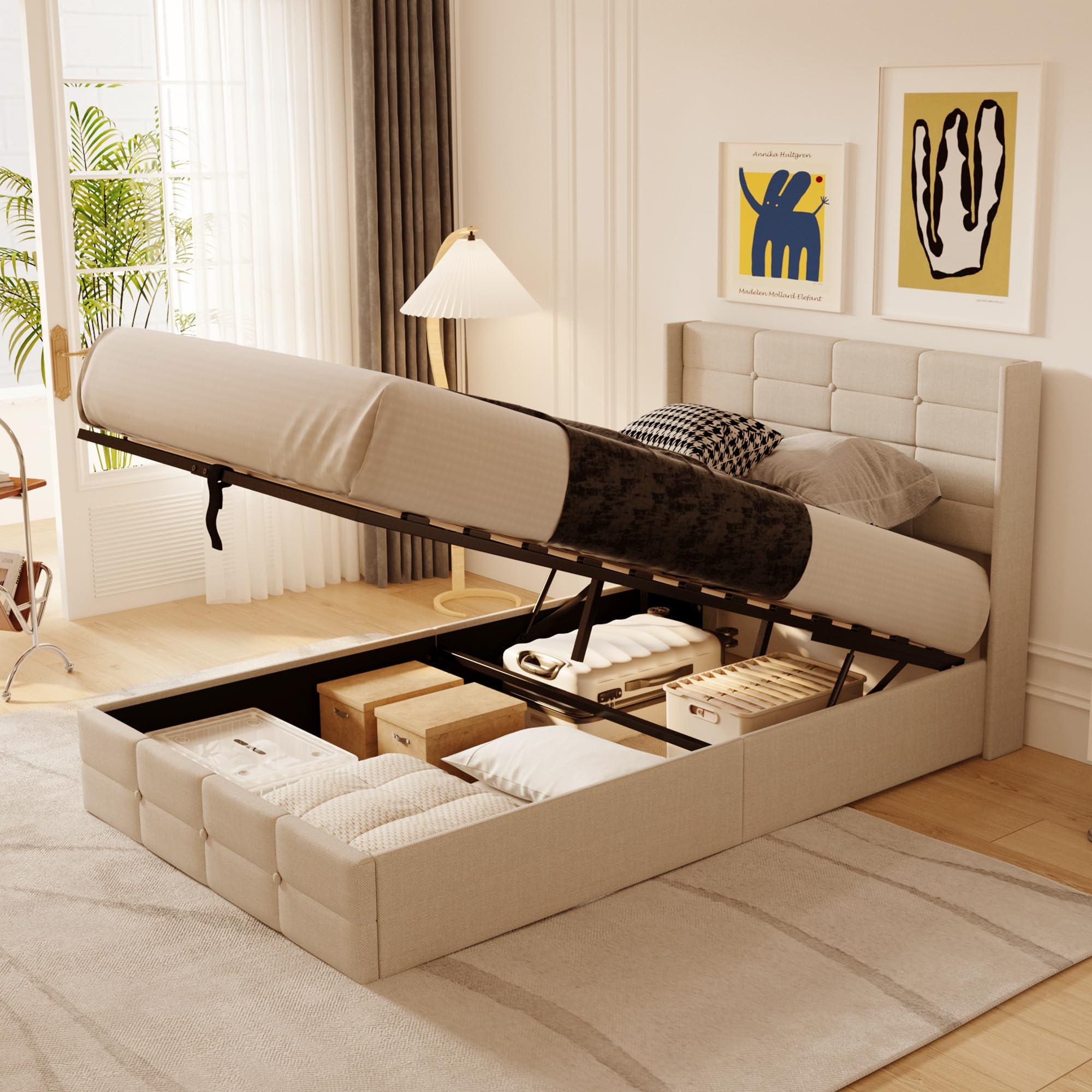 Letto contenitore idraulico 140 x 200CM, letto matrimoniale imbottito con testiera e contenitore, giroletto con rete a doghe, letto per ragazzi, senza materasso (Beige, 120X200)