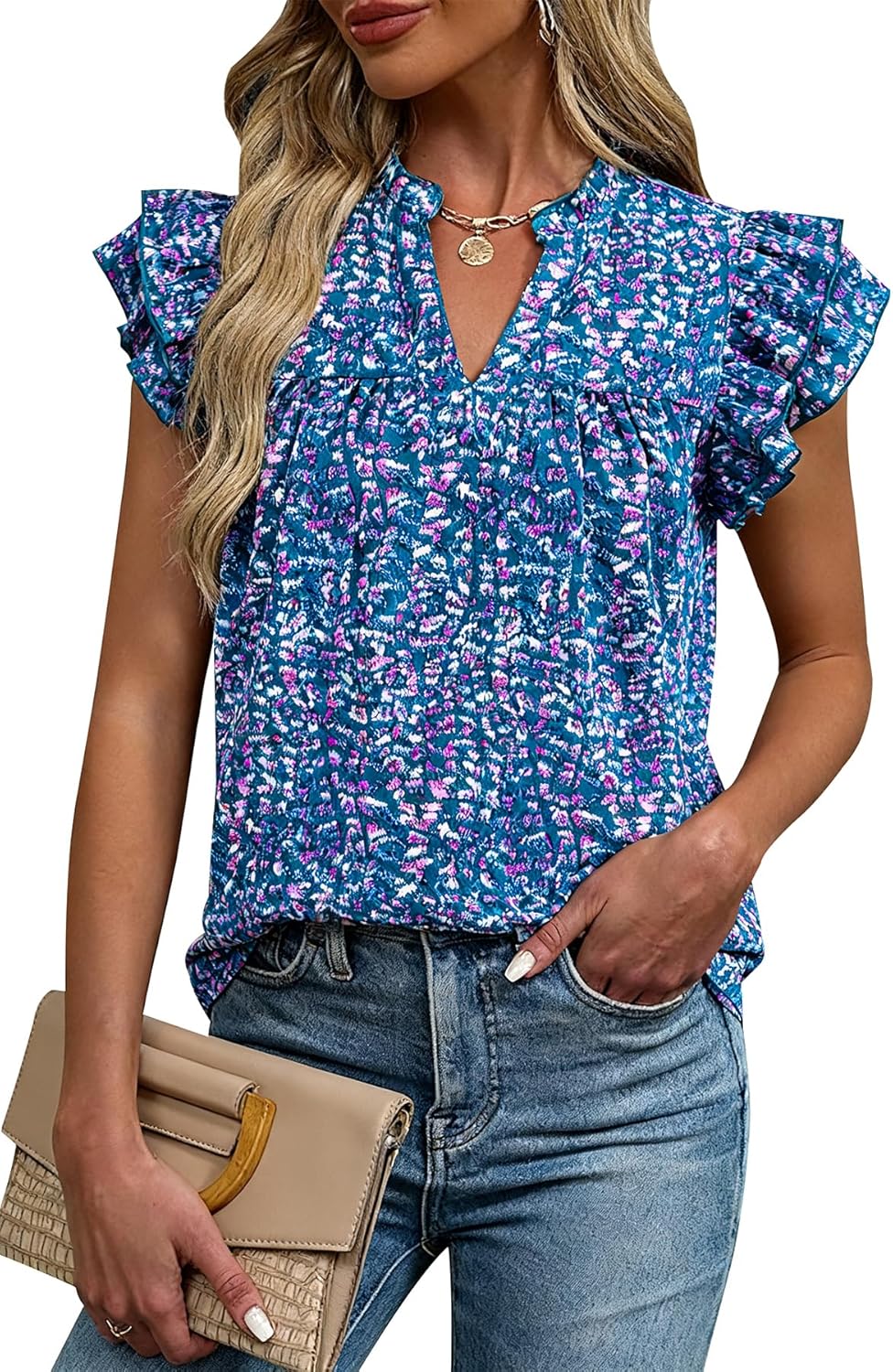 CFLONGE Summer Tops for Women 2026 V Neck Ruffle Short Sleeve Business Casual Blouse Dressy Work Floral Tunic Going Out Tops