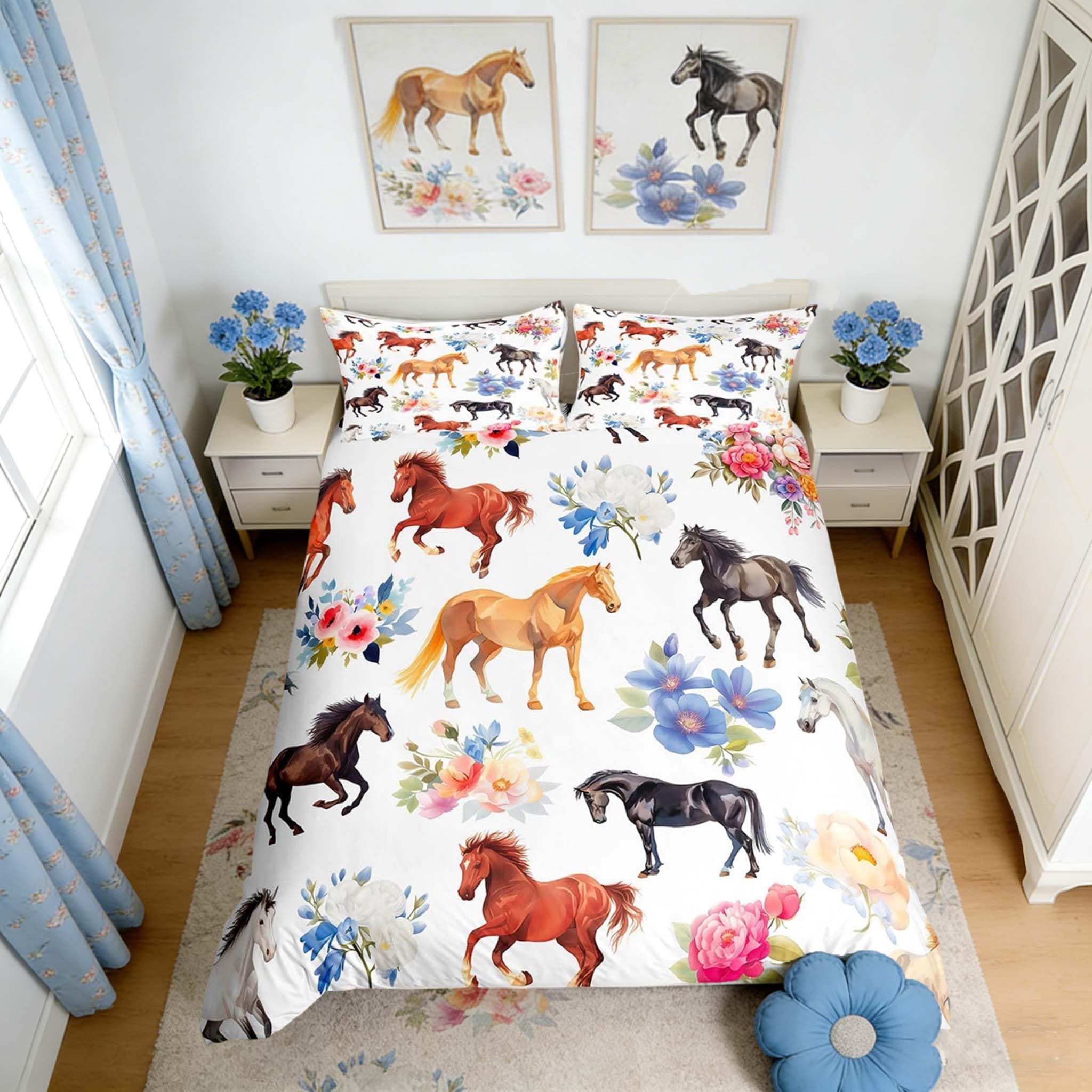 Homemissing Galloping Horse Floral Duvet Cover Set Cot Size for Kids Boys Girls Cute Animal Horse Bedding Set Farm Animals Flower Duvet Cover with 1 Pillowcase Kawaii Bedding — image 1