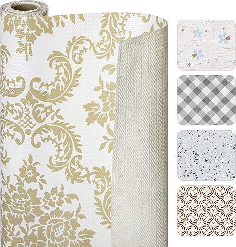 Miniatura 2 de RAY STAR Revestimiento para estantes, 18 pulgadas x 8 pies, no adhesivo blanco floral 2 rollos y damasco dorado 1 rollo revestimiento de gabinete