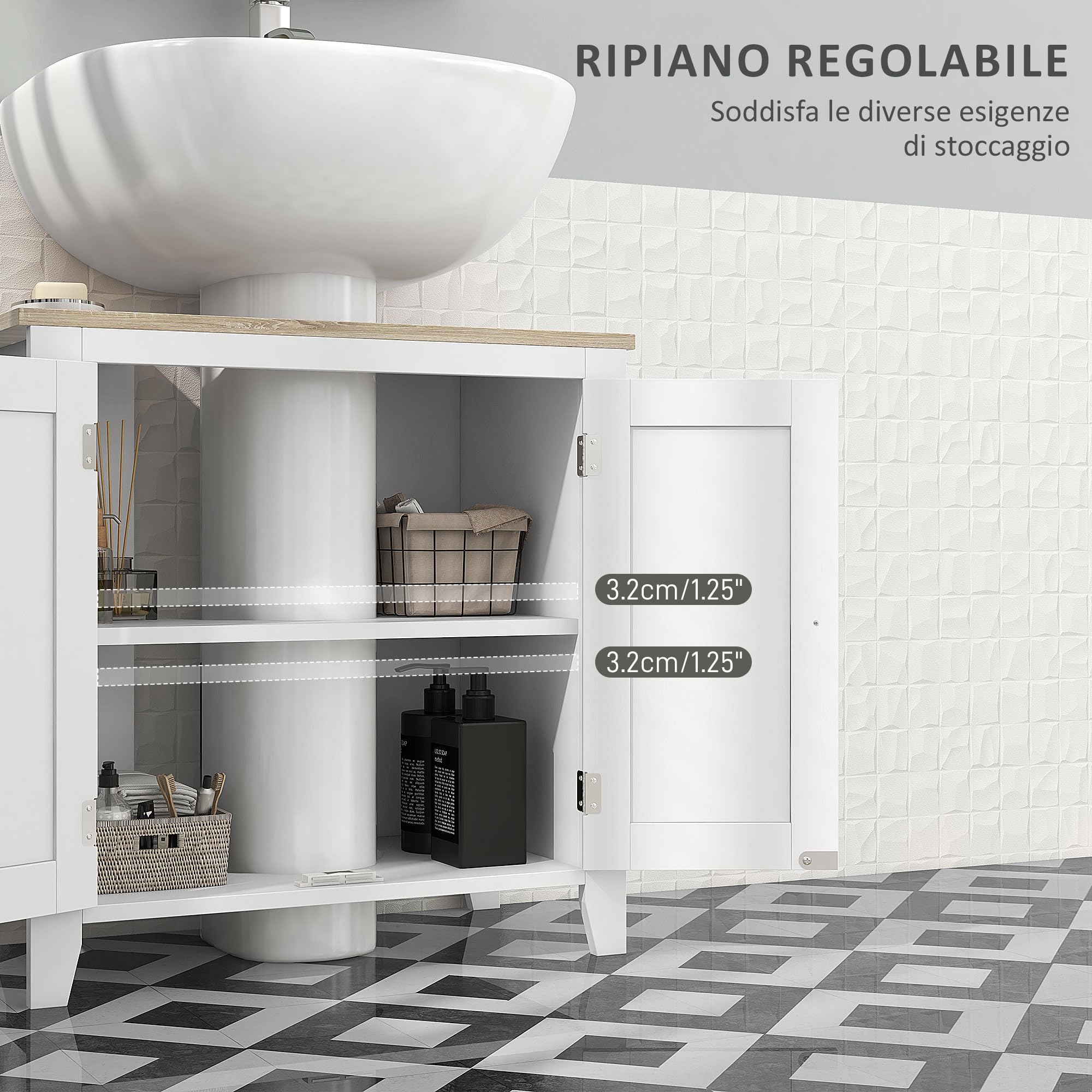 kleankin Mobile Sottolavabo Bagno a U 60x30x60 cm Bianco e color Legno
