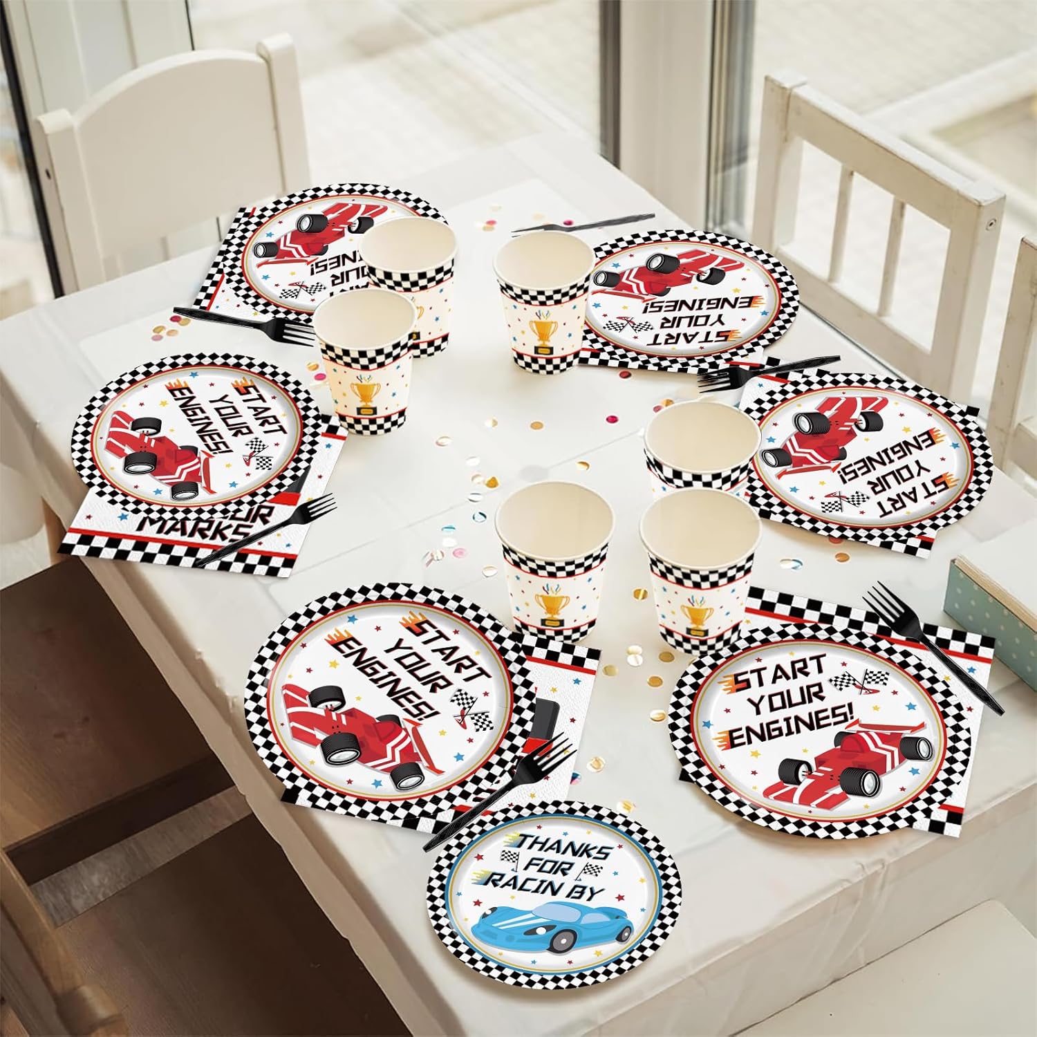 120pcs Racing Car Party Plates Napkins Checked Race Car Birthday Supplies Boys Kids Disposable Tableware Set Paper Cups Forks for Race Car Theme Party Decorations,24 Guests - Image 6