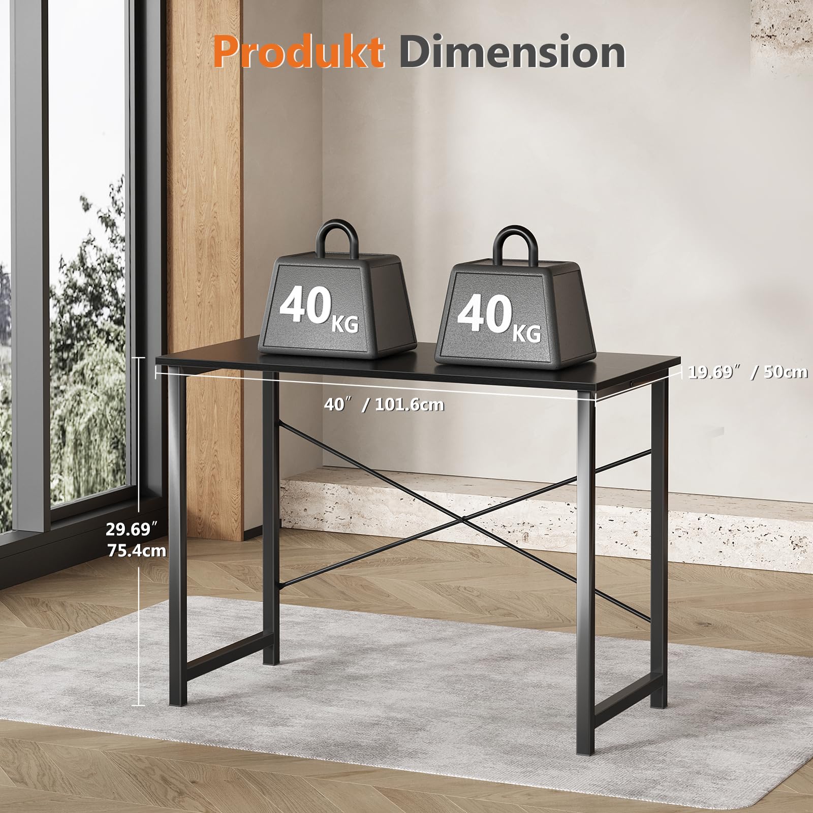Sweetcrispy Schreibtisch, Kleiner Tisch 101.6 x 50 x 75.4cm (40in), Computertisch Metallgestell‌, Bürotisch für Arbeitszimmer, Schlafzimmer, Wohnzimmer, Study Table Desk, Schwarz