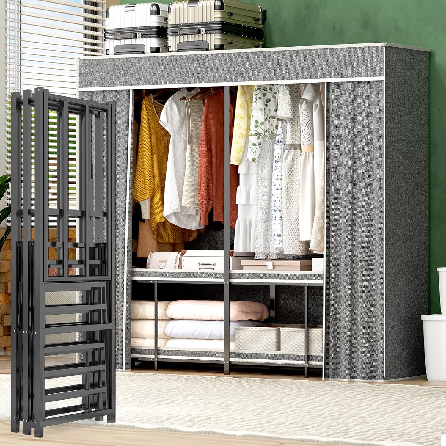 Heavy Duty Portable Closet with Cover 1200Ibs Foldable Covered Clothes Rack for Hanging Armoire Wardrobe Closet System Freestanding Coat Storage Garment Racks (190cm/74.8in Gray)