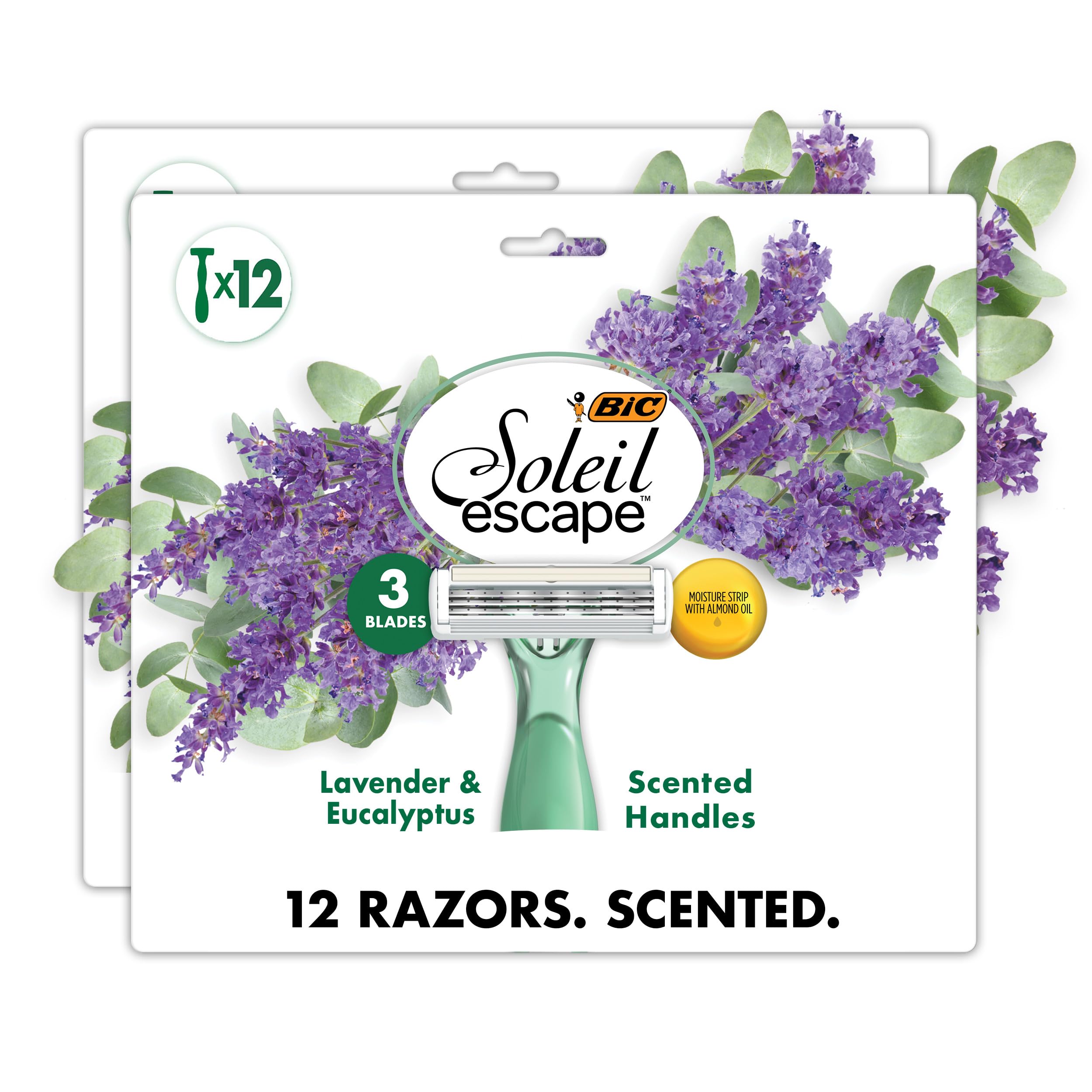 BIC Soleil 3 Escape Womens Disposable 3 Blade Razors Lavender Eucalyptus Scented Handles with Soothing Moisture Strip 12-Pack