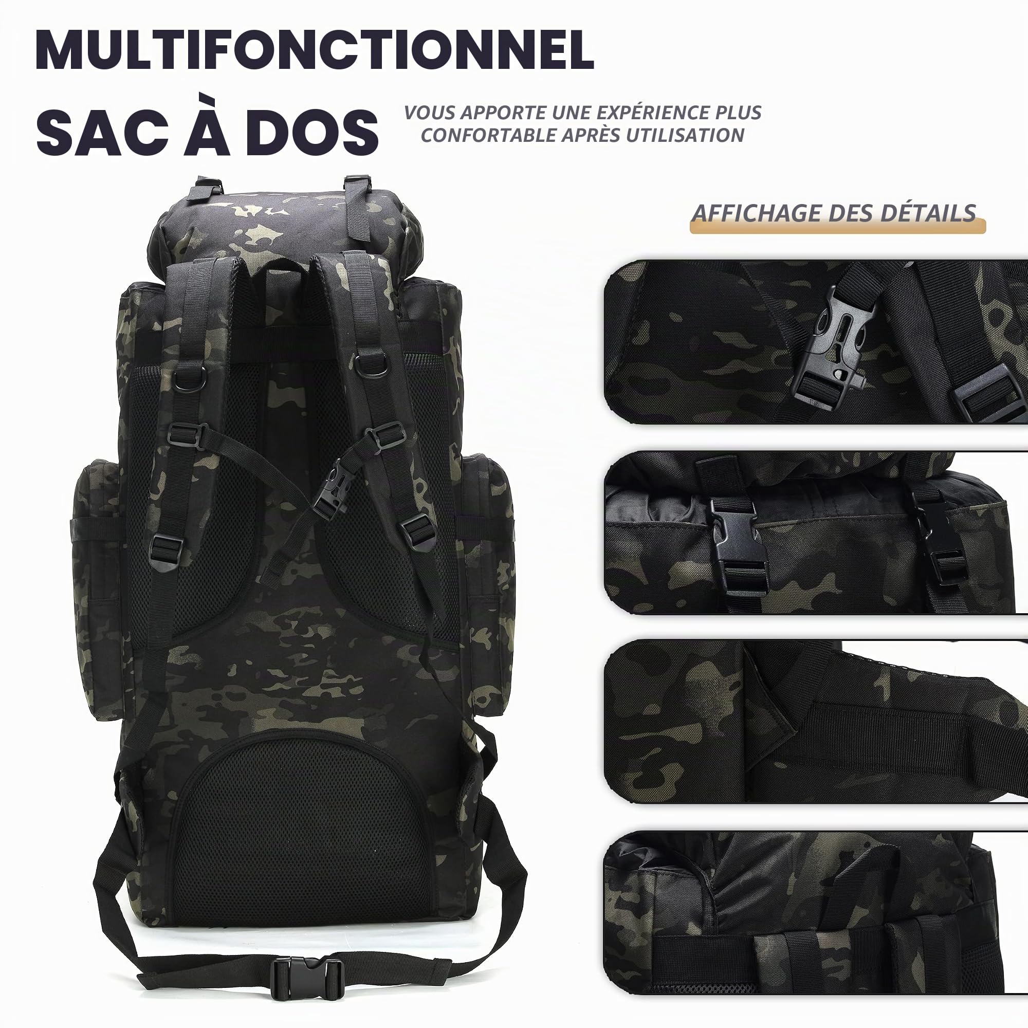 Sac à dos de randonnée et camping 100 L, sac à dos tactique militaire Molle, imperméable et léger