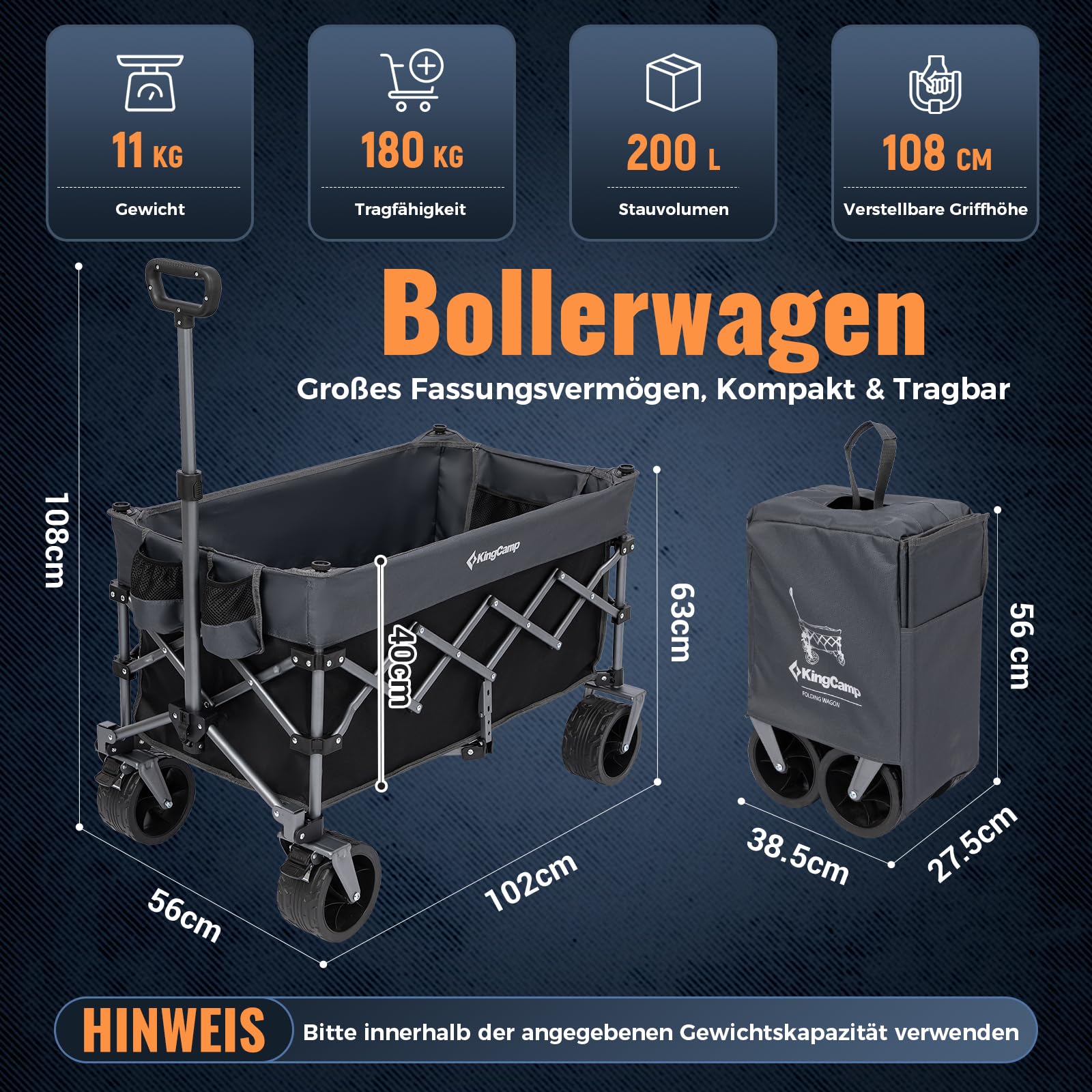 KingCamp 200L Faltbarer Bollerwagen mit 180kg Tragkraft & 7 in Breitreifen | Ultrakompaktes 4-Wege-Faltsystem, selbststehendem Griff für Strand, Camping, Shopping & Garten