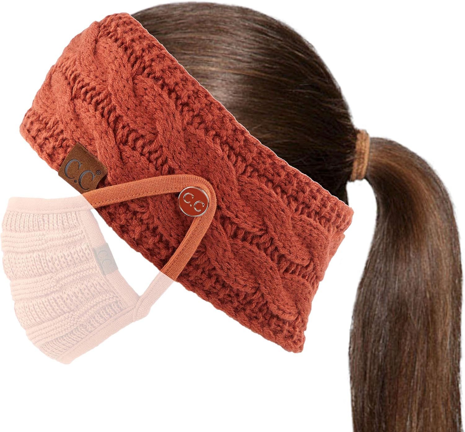 C.C Winter Fuzzy Fleece Lined Thick Knitted Headband Headwrap Epoxy Button for Face Masks (BHW-1) (A Button Cinnamon)
