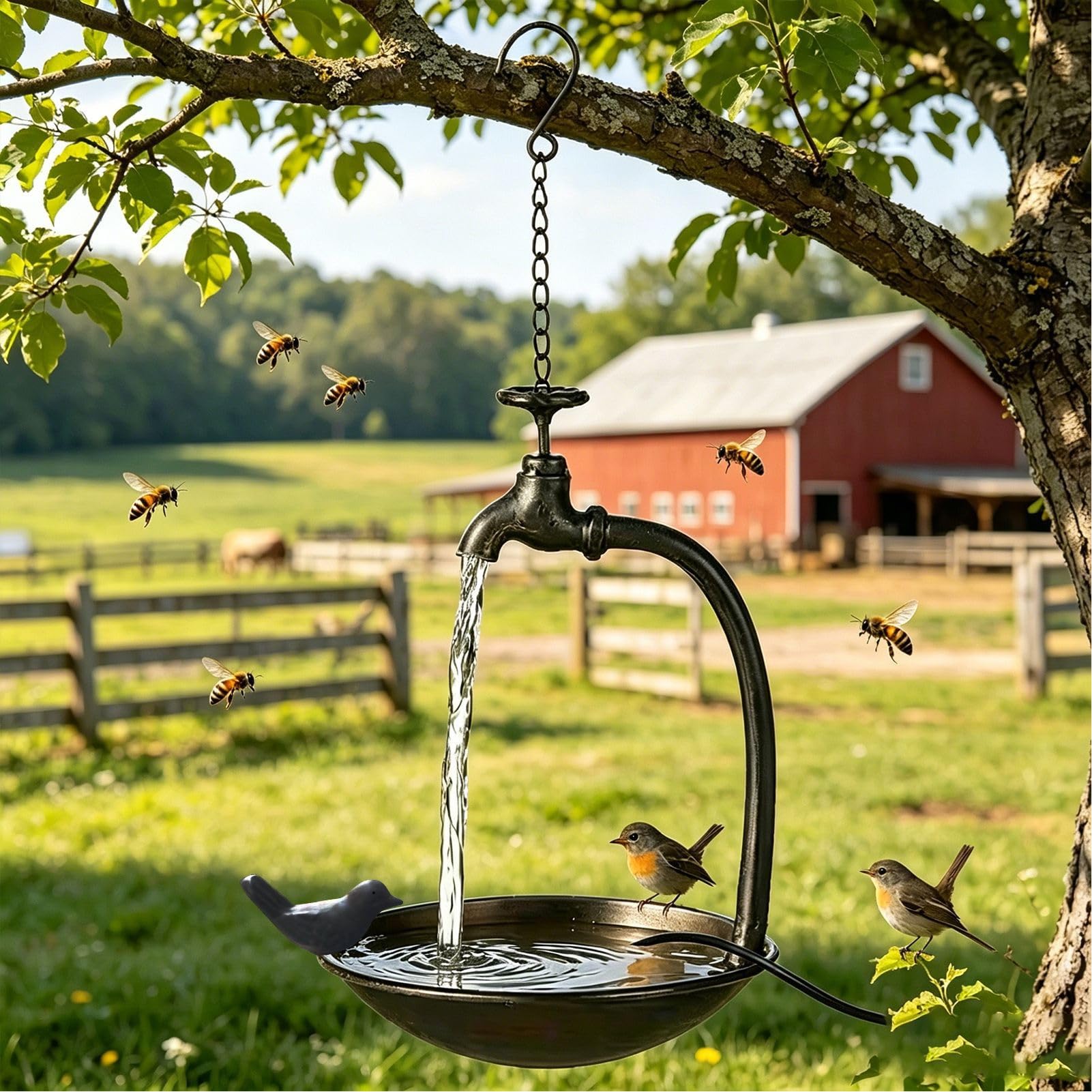 Luocute Fontana per Vasca per Uccelli Ad Energia Solare, Rubinetto Dal Design Vintage con Vasca in Ferro Antiruggine, Attira gli Uccelli Selvatici per la Mangiatoia Sospesa per Patio,
