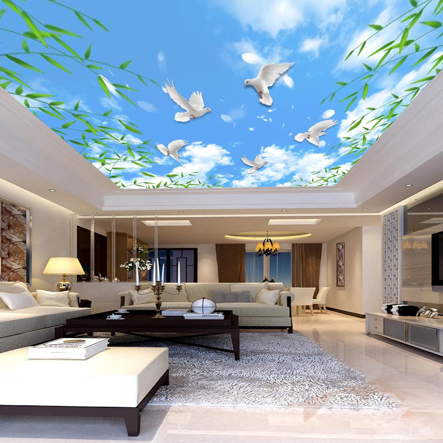 Customized Size Mural Wallpaper Large 3D Self-Adhesive Wall Murals/Peel and Stick Wall Stickers/Flowers and Birds Blue Sky White Clouds Small Flowers Sky Murals