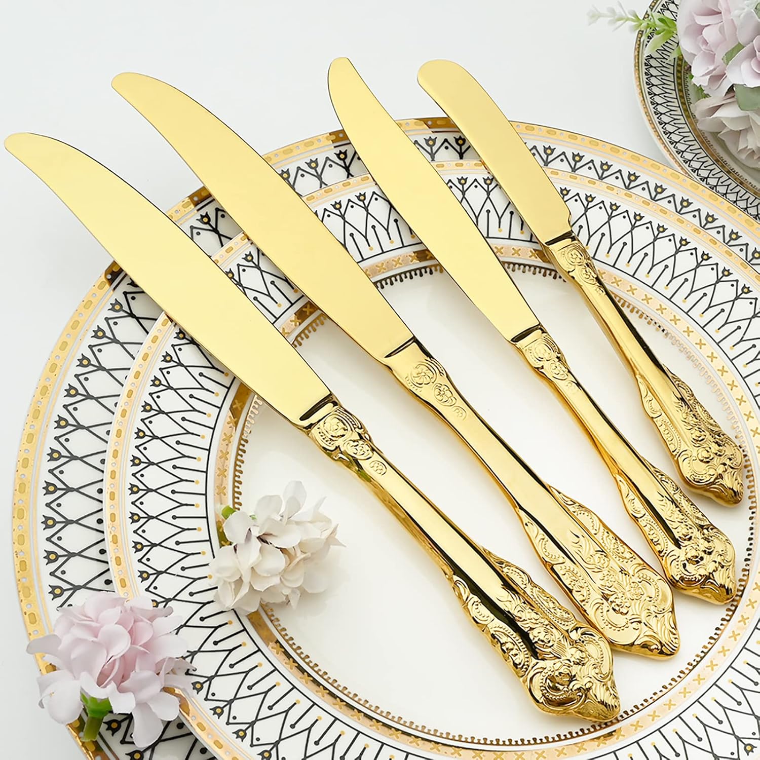 Retro Solid knife 6-Piece, Premium 304 Stainless Steel, Mirroe Polished Palace Kitchen Table Knife Set 9.45 Inch Dinner Knives