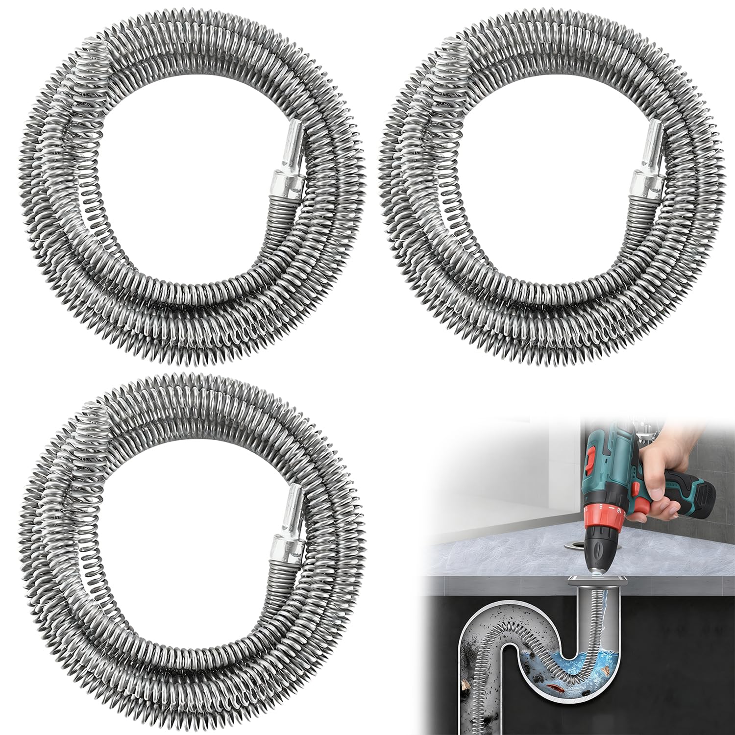 Sonda Sturatubi per Trapano,Kit 3 Pulitori a Spirale per Tubi 10 mm, 1m/2m/4m, Sturatubi Flessibile per Lavandini e WC,per Trapano Adattatore Elettrico Manuale Ostruzioni Ostinate Rimuove Capelli