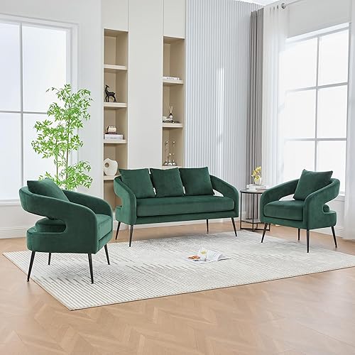 Miniatura 11 de Juego de 1 sofá biplaza pequeño y 2 sillas decorativas, juego de sofá y sillón de 3 piezas para sala de estar, moderno sofá de terciopelo con silla