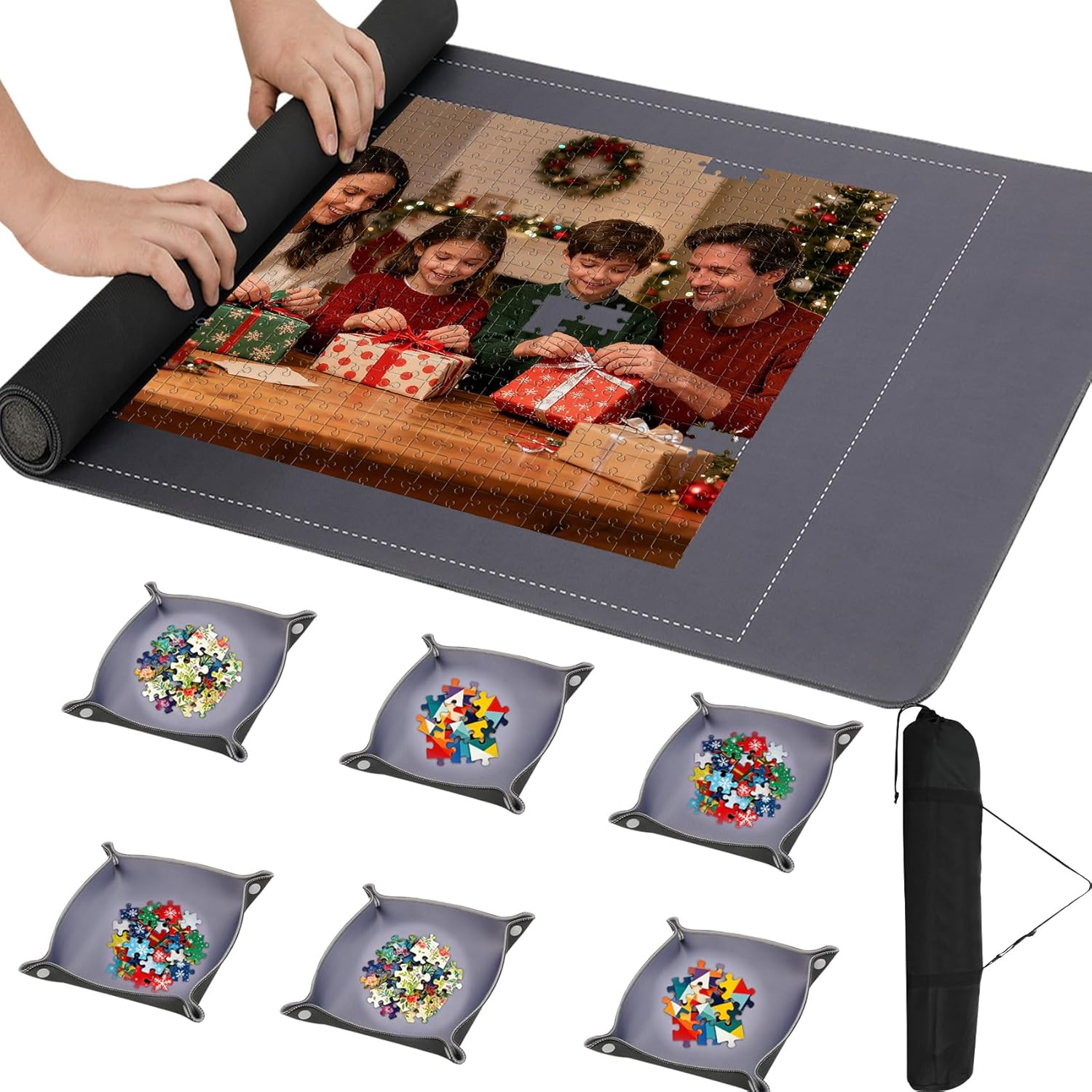Jigsaw Puzzle Mat Roll Up 46" x 26", Portable Puzzle Mat Roll Up to 1500 Pieces with 6 Sorting Trays & Travel Storage Bag, Non-Slip Rubber Bottom & Smooth Top for Kids Adults