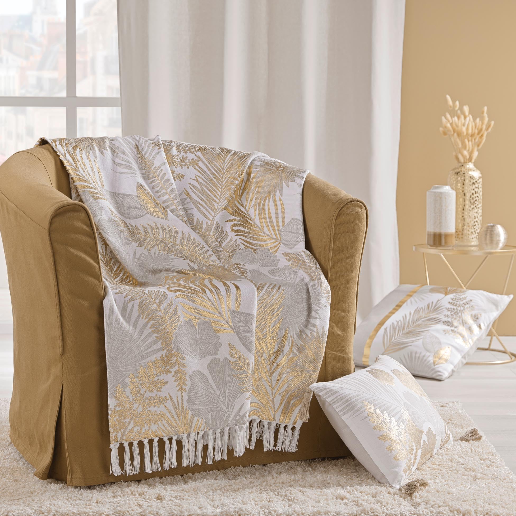 Coussin Déhoussable Alden 45x45cm - Coton Imprimé Or, Fermeture Zip, Oeko-Tex