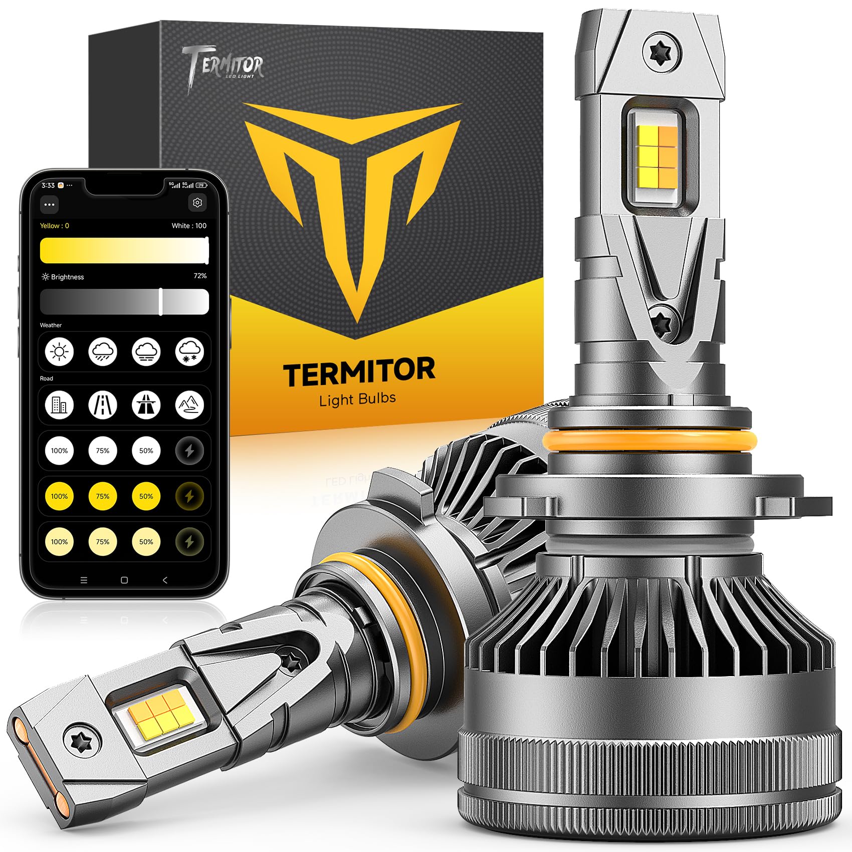 Termitor 9005/HB3 Smart Light Bulbs, Up 20X 0-166,000LM Variable Brightness | 3000K to 6500K Variable Color App Control One-touch Driving Mode Switching, 360° Adjustable Quick Install, Pack of 2