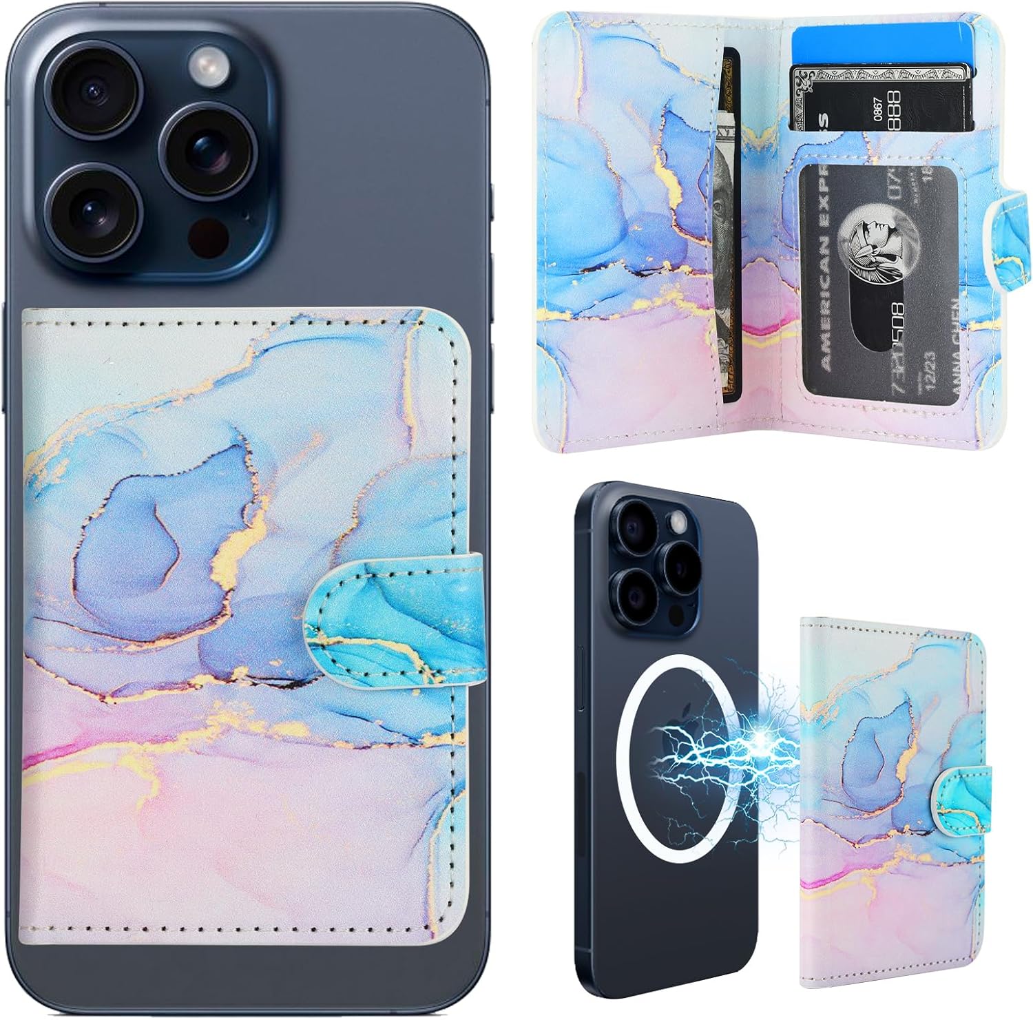 HAOPINSH for MagSafe Wallet Magnetic Wallet Card Holder, Pink Blue Marble Pattern Detachable Adjustable Flip Leather Kickstand Mag Safe Card Slots RFID Blocking for iPhone 16/15/14/13/12 Series