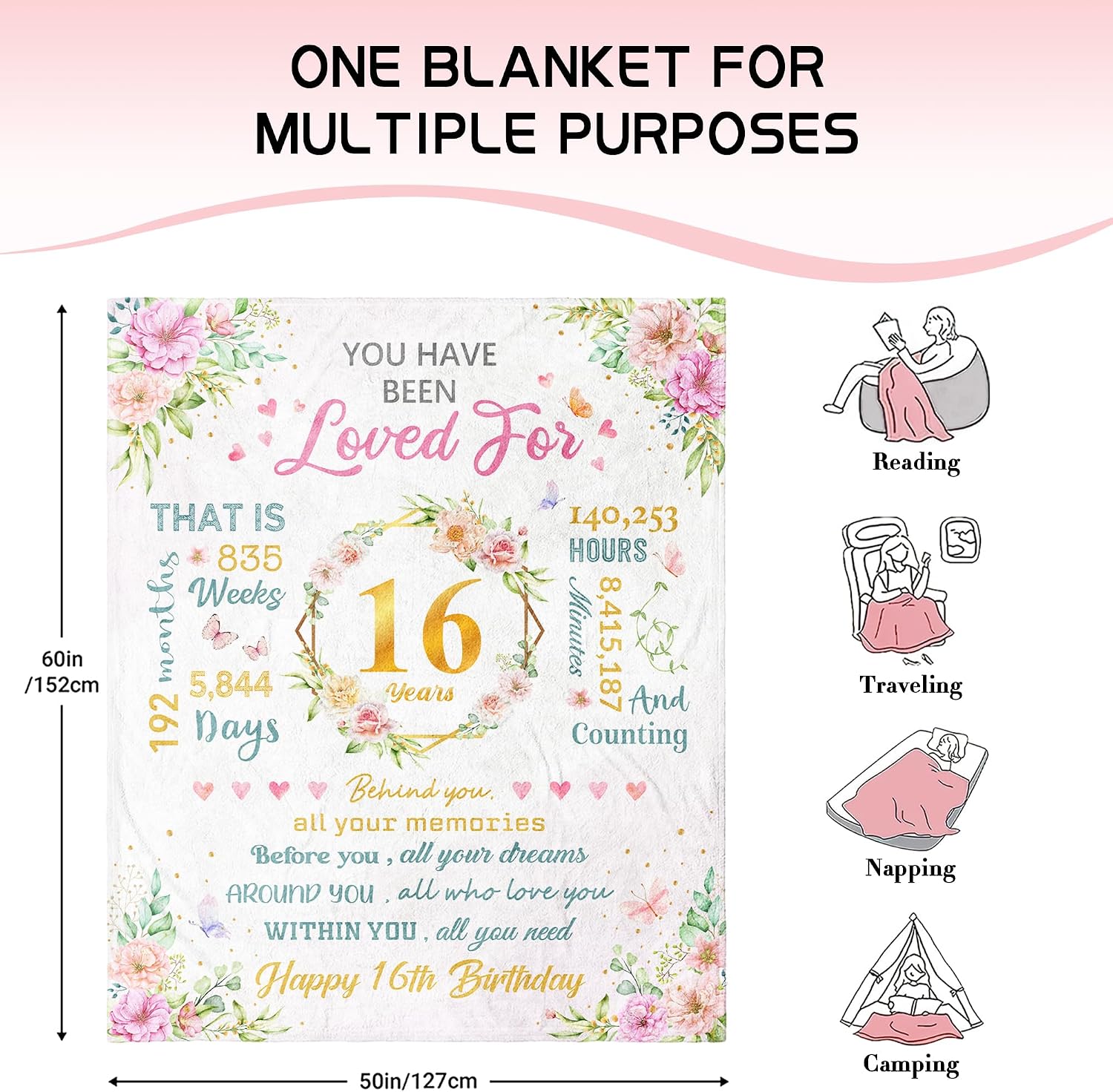 Sweet 16 Gifts for Girls Blanket 60"x50", 16th Birthday Gift for Girls
