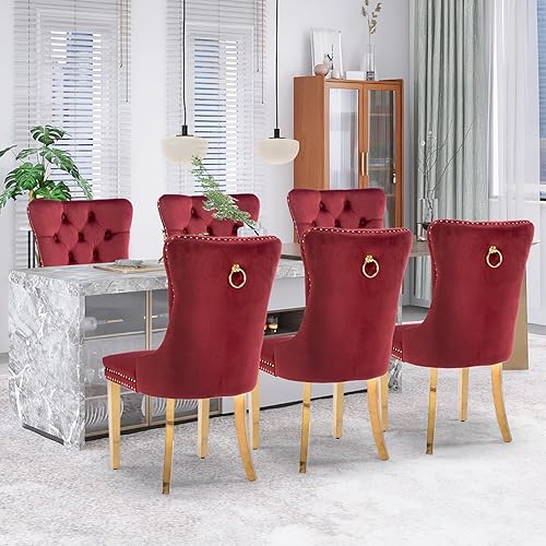 Miniatura 124 de Juego de 6 sillas de comedor de terciopelo, sillas de comedor tapizadas acolchadas con ribete de tachuelas y patas de madera maciza para cocina,