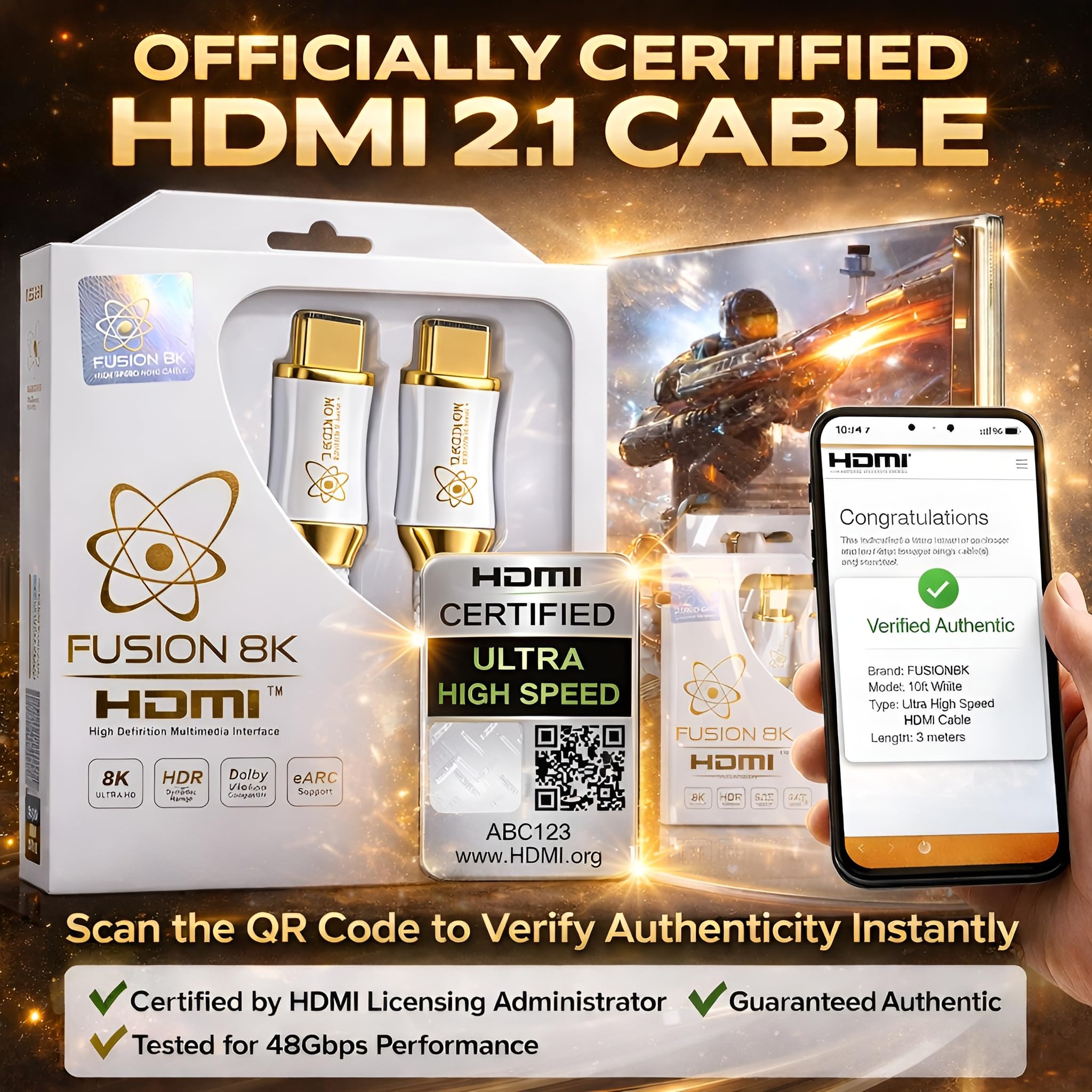 Fusion8K Cavo HDMI 2.1 bianco, 3 m, certificato 48 Gbps, 8K a 60 Hz, 4K a 120 Hz, 10 K, HDR Dolby Vision eARC, cavo intrecciato per PS5, Xbox Series X, Apple TV 4K