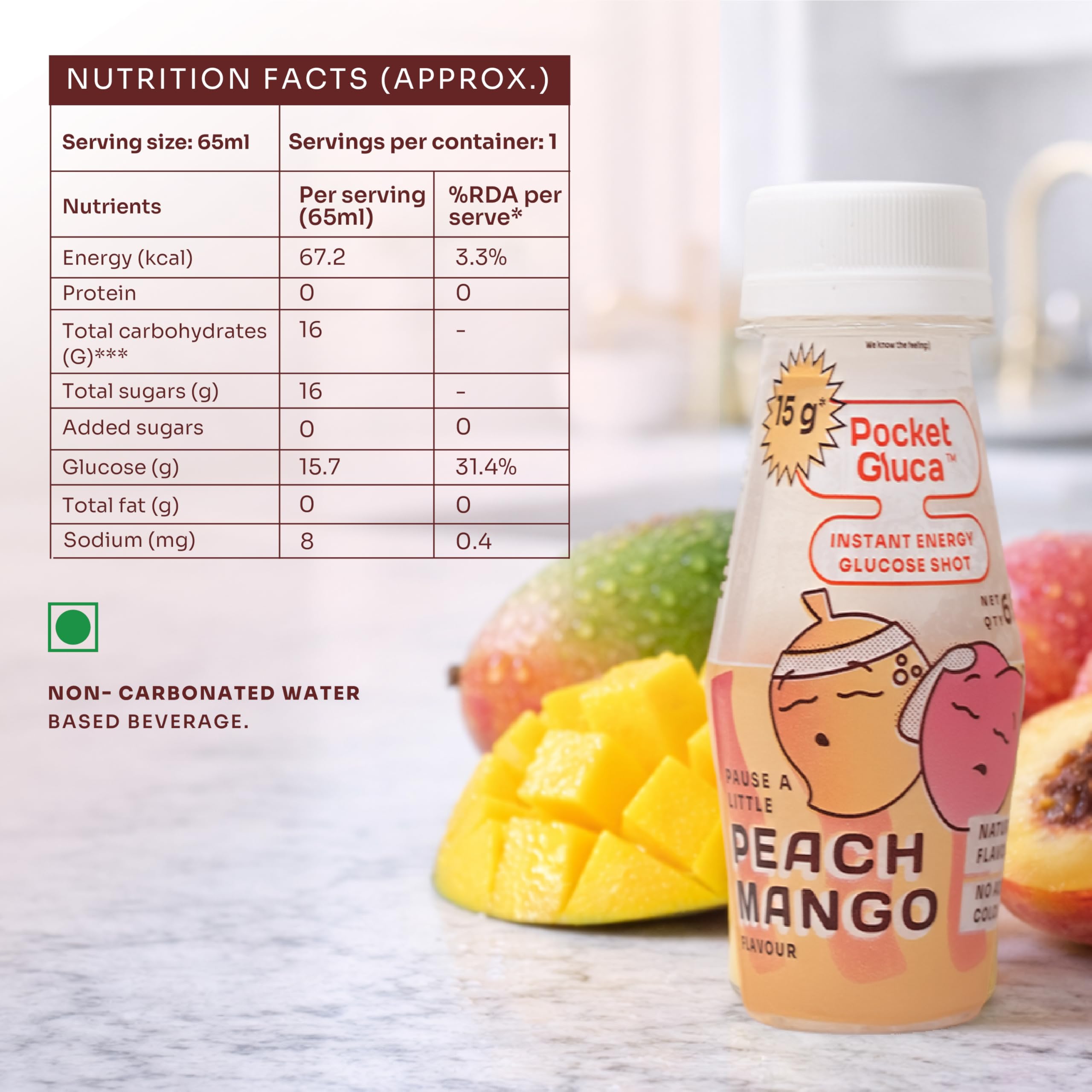 PocketGluca Instant Glucose Shots | Glucose Drink | Ready to Drink Liquid | 70 ml | 15 g glucose each | Peach Mango Flavour | Natural Flavours | NO ADDED COLOURS | Helps with low glucose | NO REFRIGERATION (Peach Mango, Combo Pack of 12) — Amazon image 2