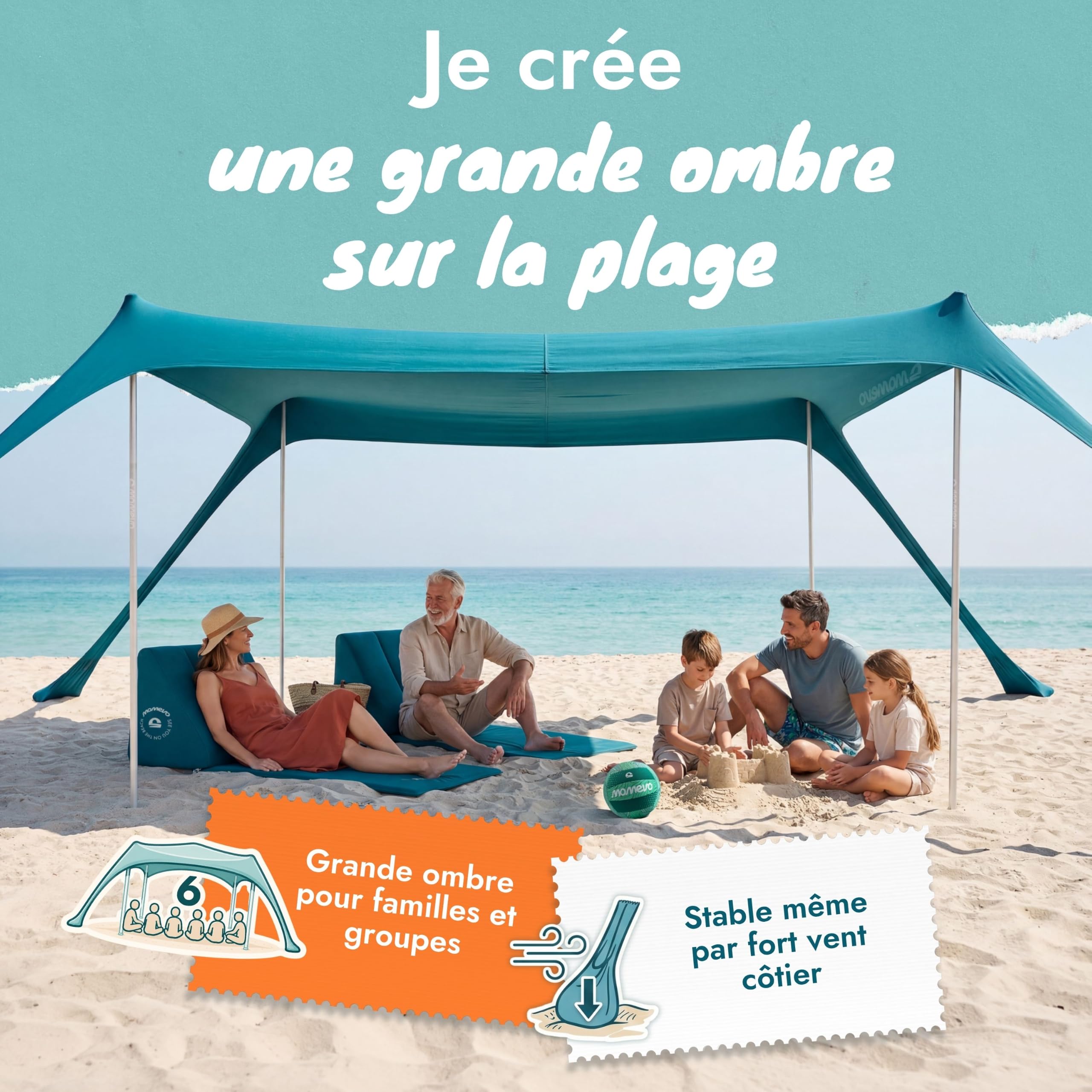 Sunsail Tente de plage XL - Voile d'ombrage - Tente de plage XXL | Tente de plage Next Level résistante au vent et légère, protection UV UPF 50+, montage facile en quelques secondes