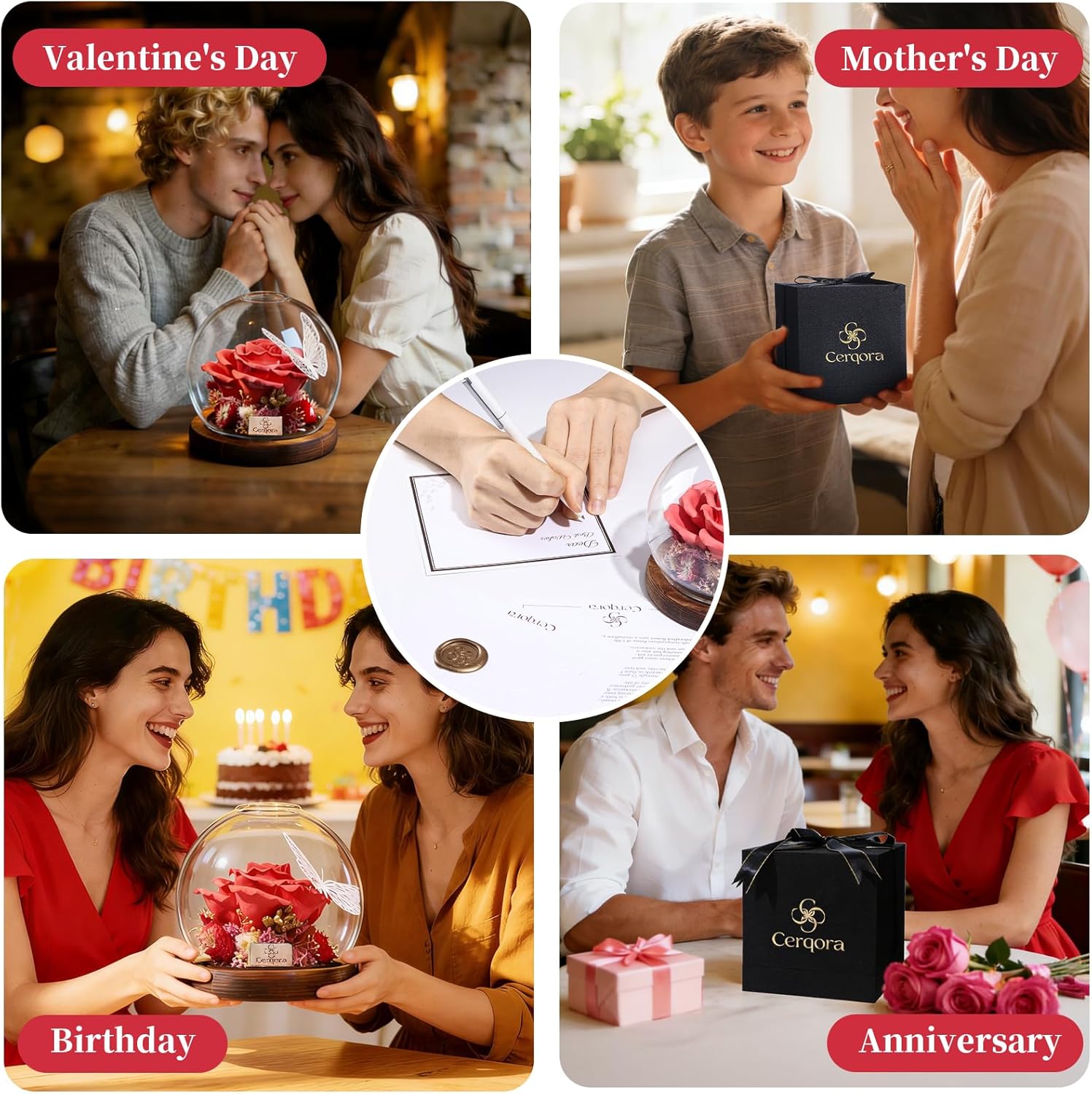 Valentines Day Gifts for Her - Preserved Red Ceramic Rose in Glass Dome, Natural Aroma Diffuser, Eternal Handmade Floral Art, Luxury Valentine Gift for Wife Girlfriend Anniversary