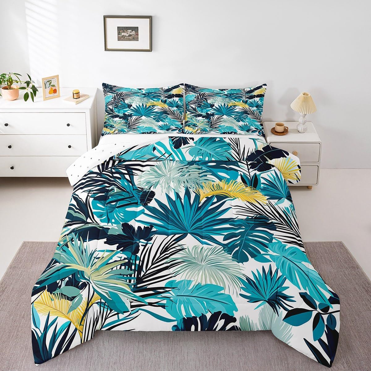 jejeloiu Green Palm Leaf Comforter Set Queen Size Kids Green Tropical Leaves Pattern Bedding Set for Boys Girls Summer Tree Branches Nature Theme Duvet Quilt Room Decor