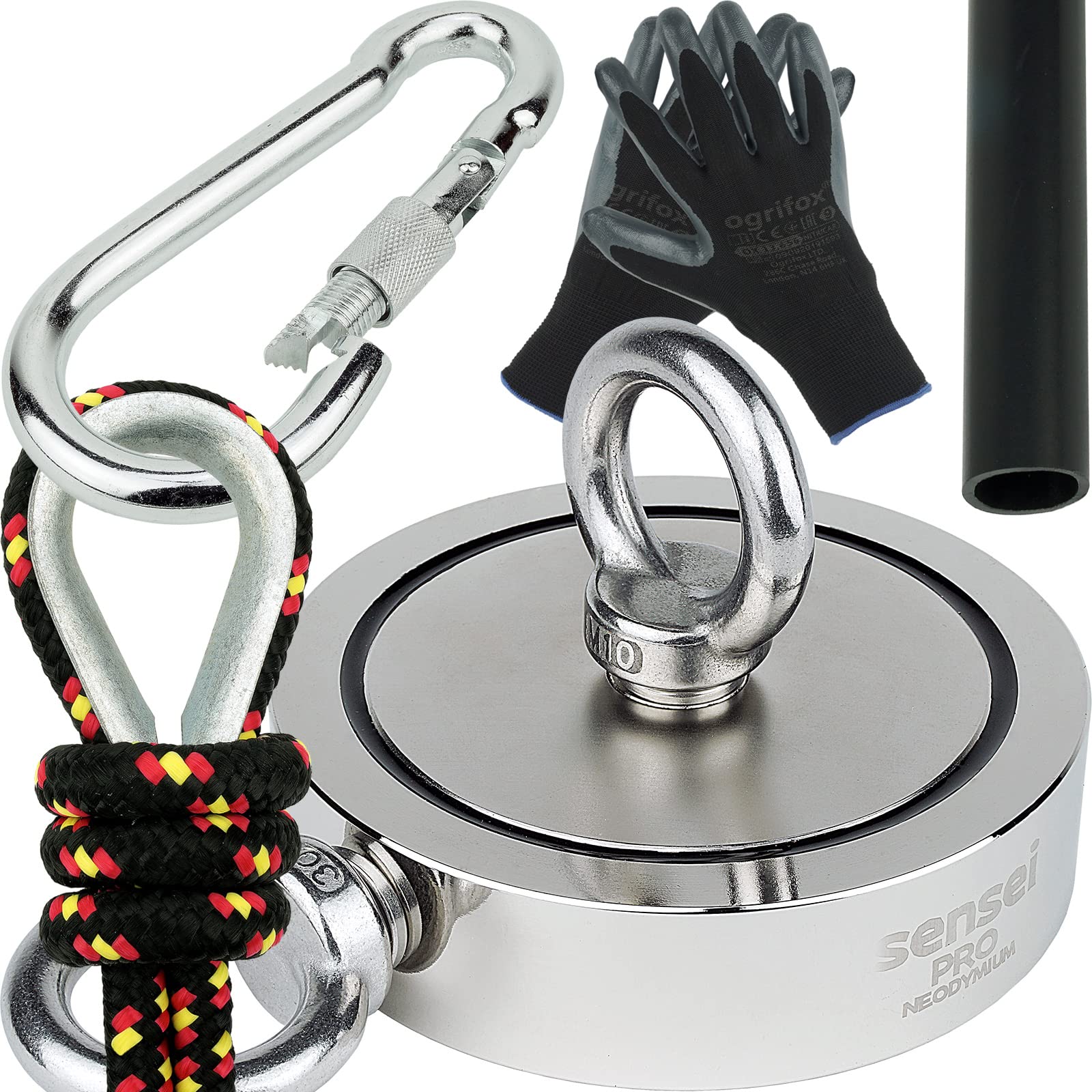 Sensei Kit 500 kg, Magnete a Doppia Faccia al Neodimio N52 con Due Occhielli, Ø11,6 x H3 cm, Corda da Pesca 25 m, Guanti Protettivi + Accessori, Kit di Magneti per la Ricerca e la Pesca