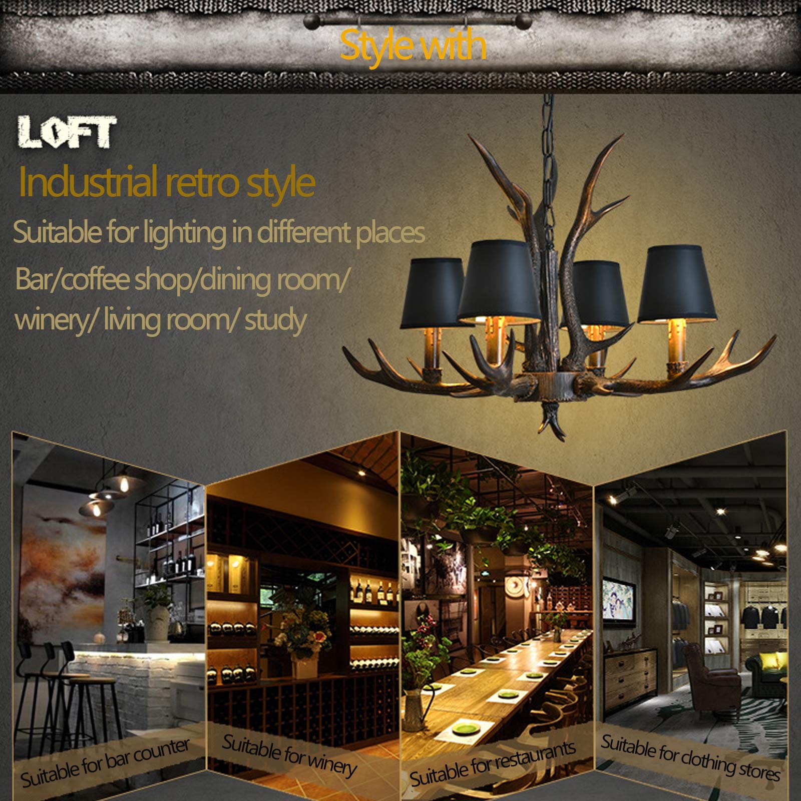 Żyrandol w stylu vintage, retro, E14, w kształcie poroża, żywica, 6 lamp, industrialny, dekoracyjny, do apartamentu, z regulacją wysokości, z abażurami, oświetlenie salonu, baru, kawiarni, jadalni