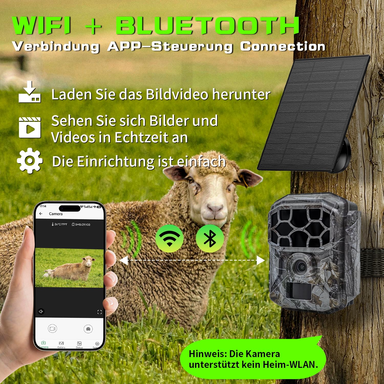 Wildkamera Solar WLAN mit Handyübertragung App 7800mAh Akku - 4K 60MP Wildtierkamera Bluetooth mit Bewegungsmelder Nachtsicht, 32GB SD-Karte, Nachtsichtkamera 0,1s Auslösezeit, IP66 Wasserdicht