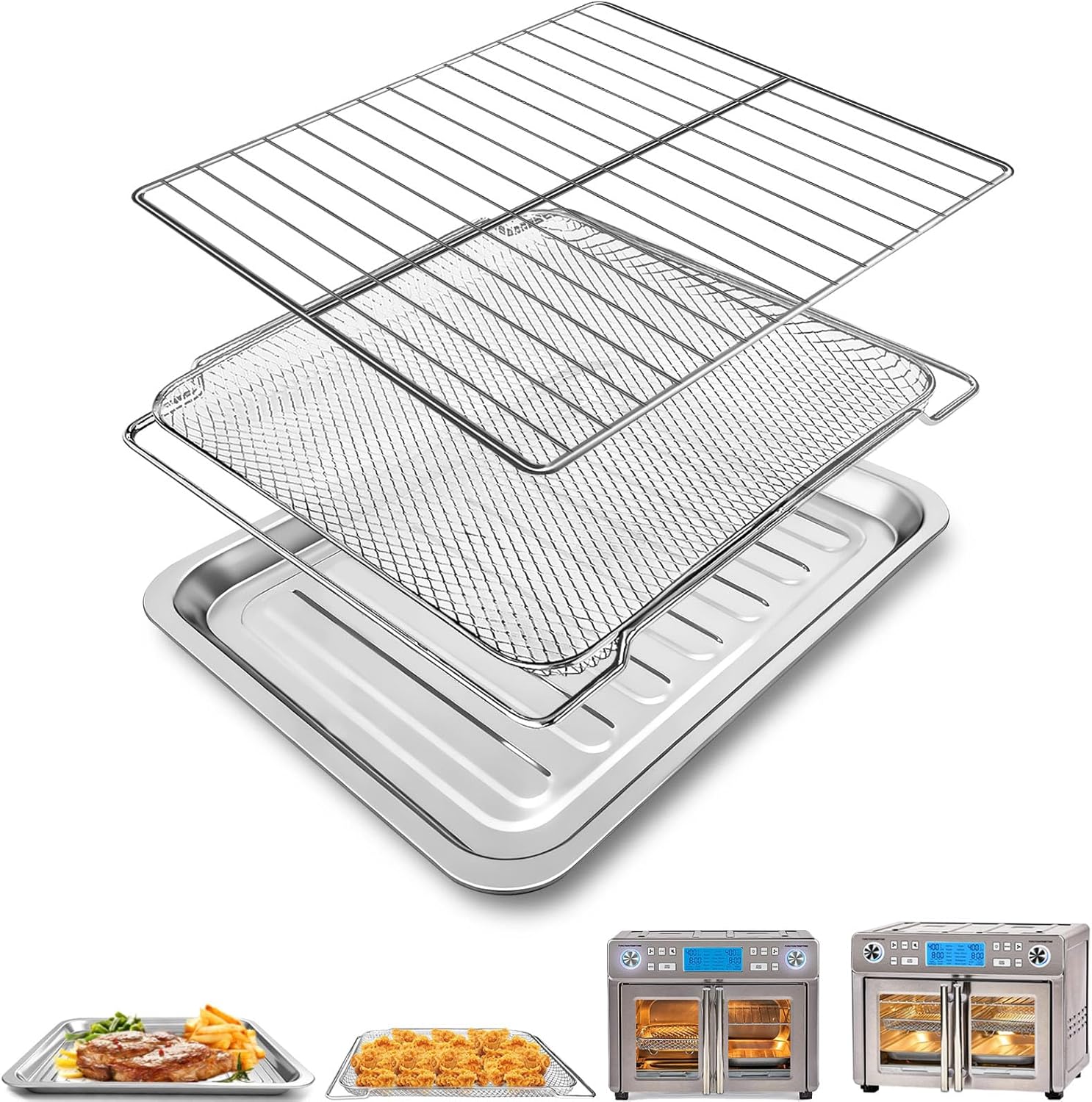 3-Pack Air Fryer Replacement Set for Emeril Lagasse Dual Zone 25 QT Air Fryer Convection Toaster Oven, Includes Food-Grade Steel Mesh Basket, Wire Rack & Grill Pan, Dishwasher Safe