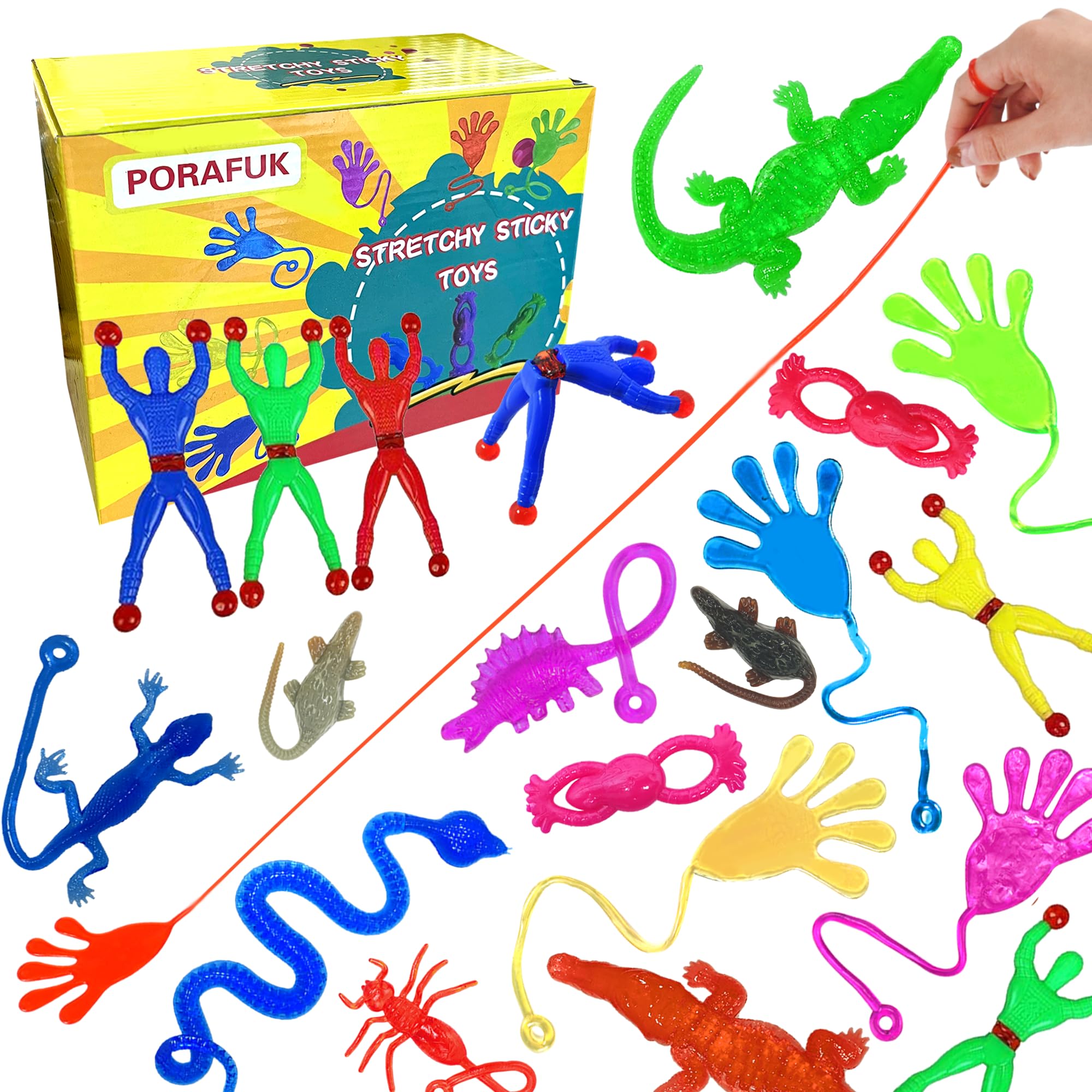 PORAFUK 46 Pieces Vinyl Stretchy Sticky Toys Assorted Novelty Large Sticky Hands, Hammer, Lizards, Skull and Flying Frog for Children Kids Party Favors, Birthdays